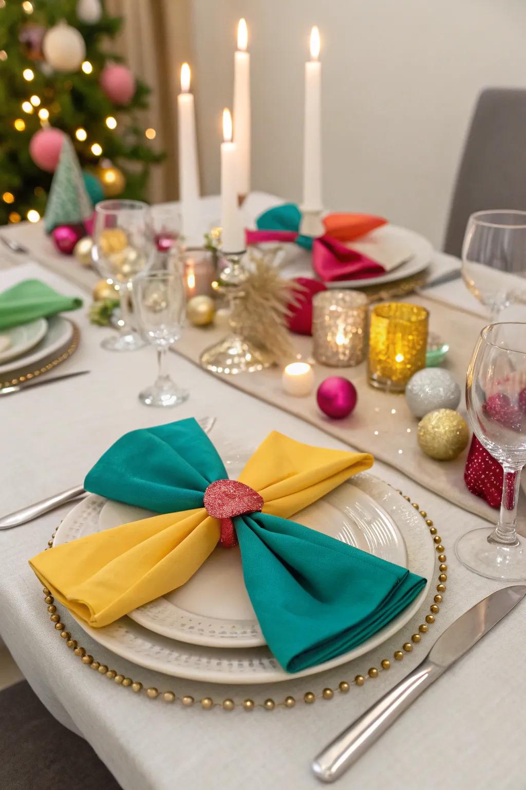 Neck tie folds add a playful touch to your table.