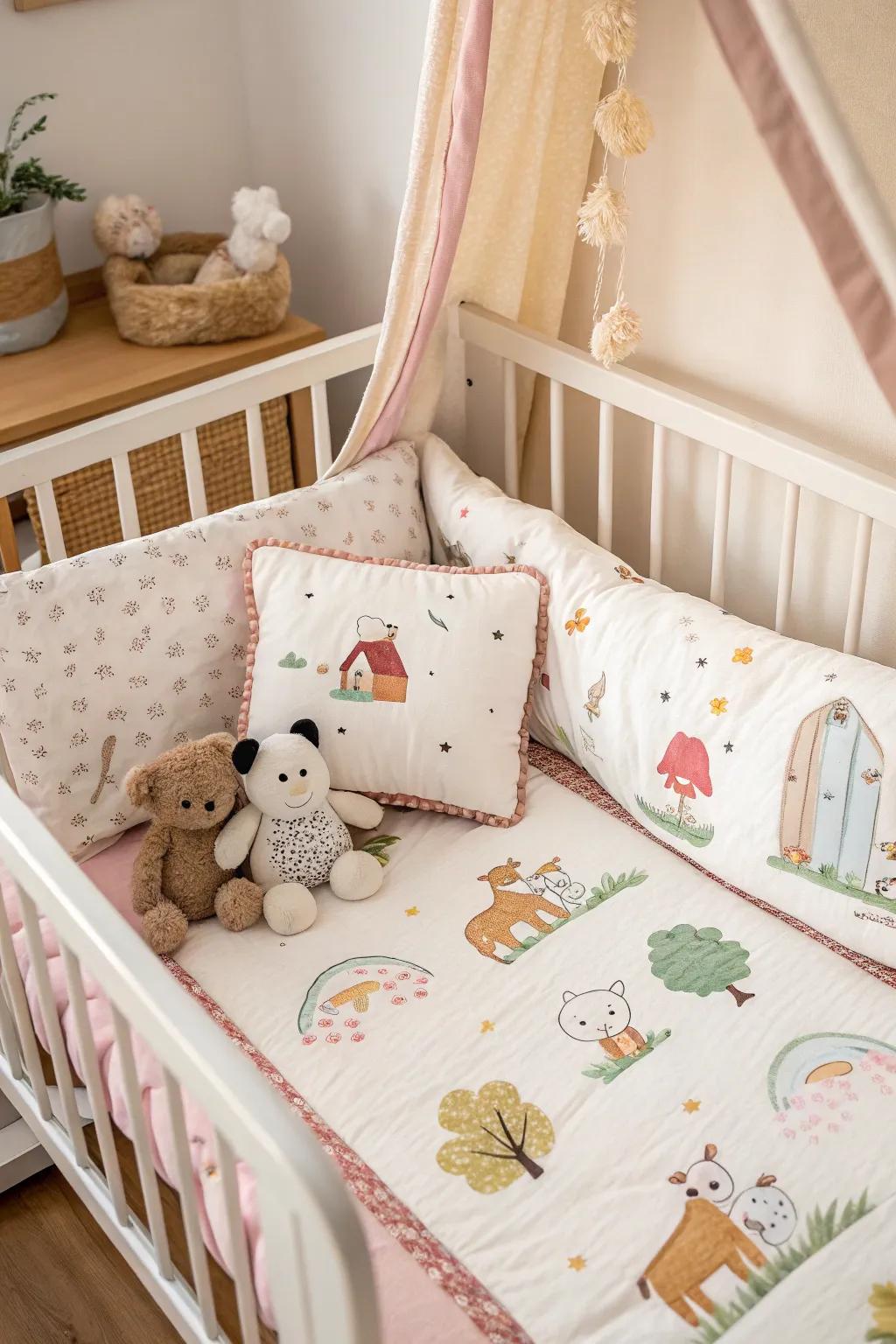 Farm animal bedding introduces a snug touch to your nursery.