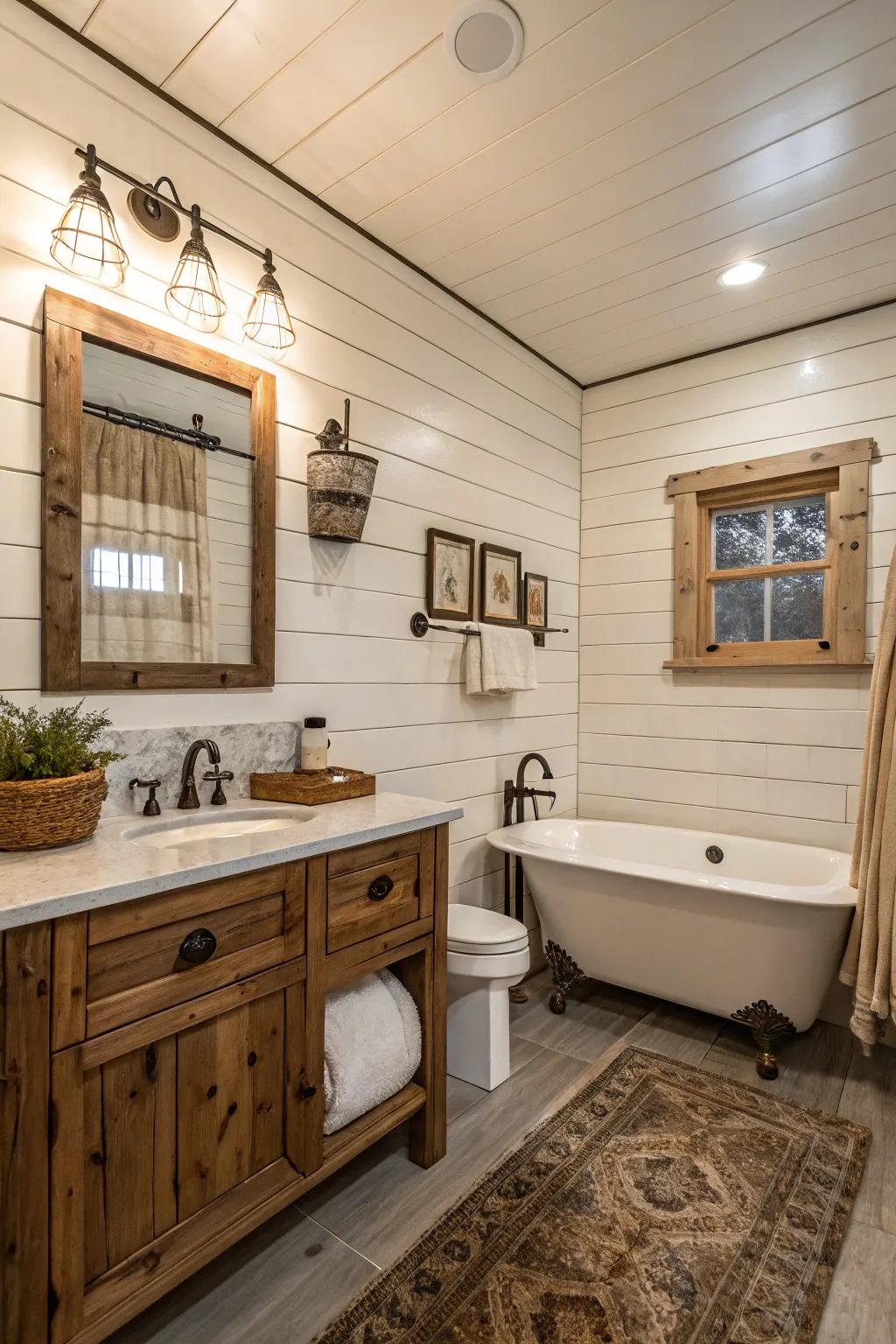 Shiplap walls contribute to the rustic appeal of a farmhouse bathroom.