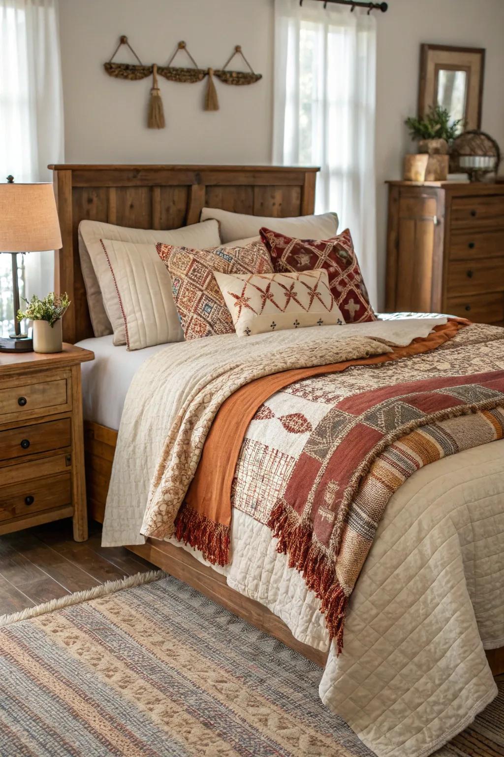 Textured bedding cultivates a welcoming and comfortable sanctuary.