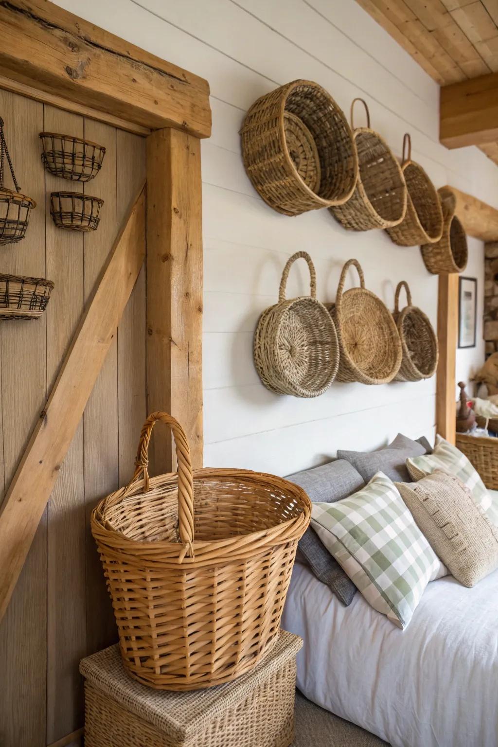 Woven baskets provide rustic texture.