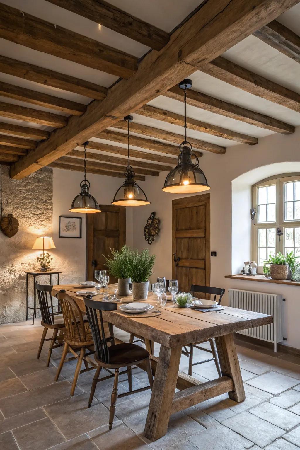 Industrial lighting introduces vintage charm to this farmhouse dining area.