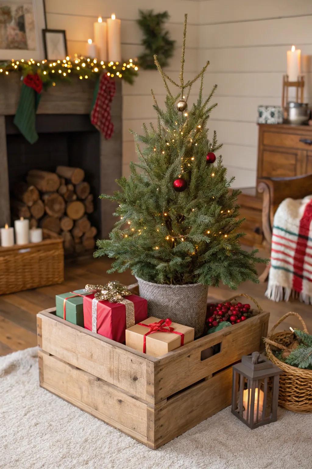 A wooden crate acts as a rustic base for this charming Christmas tree.