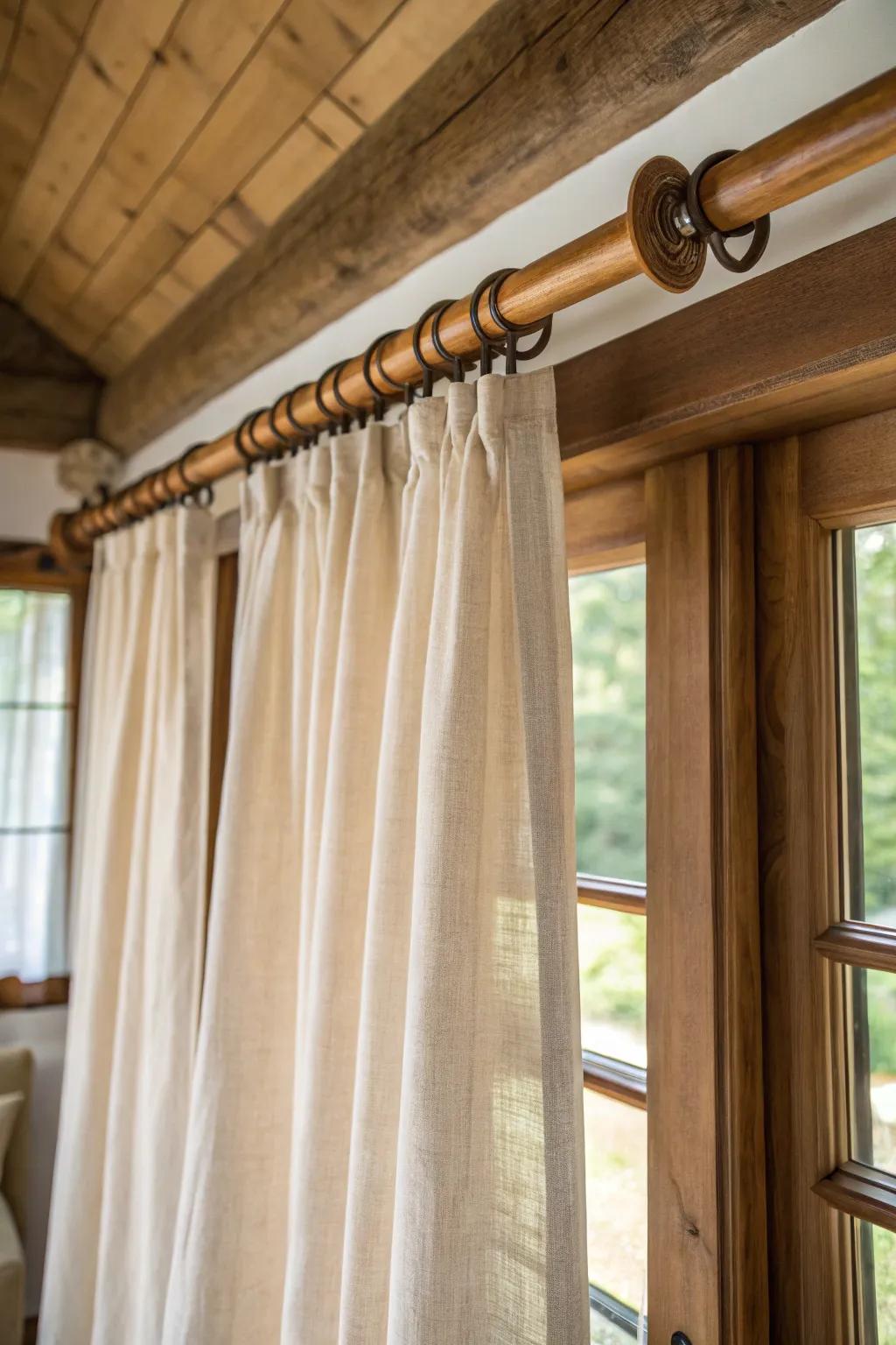 Wooden curtain rods matched with linen curtains in a comfortable farmhouse setting.