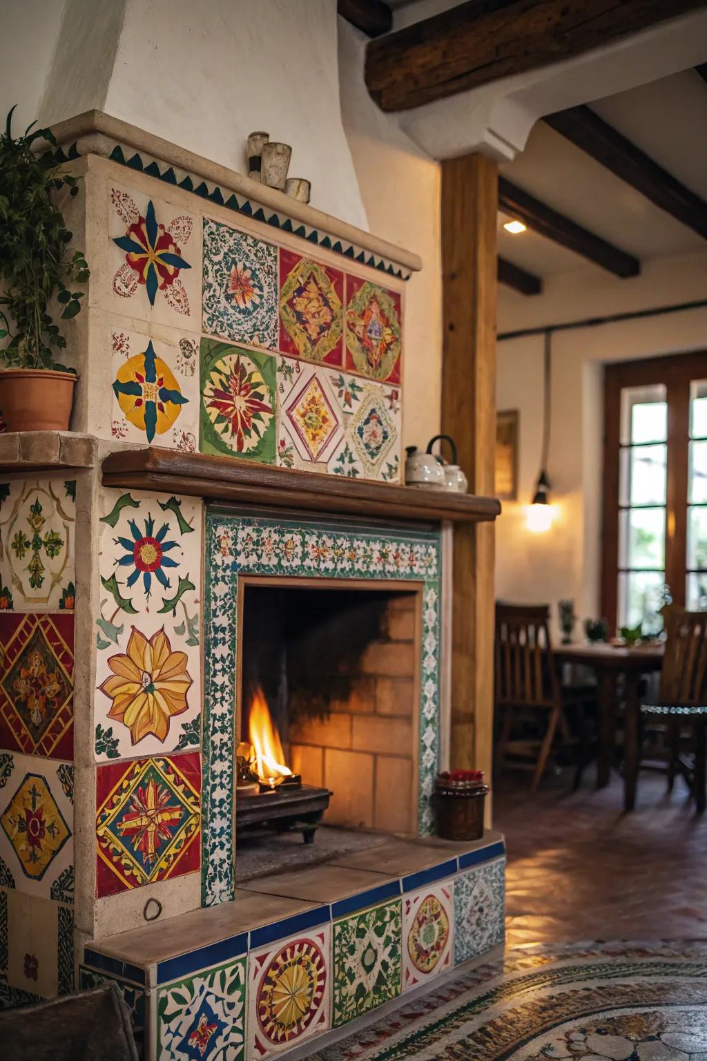 Patterned tiles adding flair to a farmhouse fireplace.