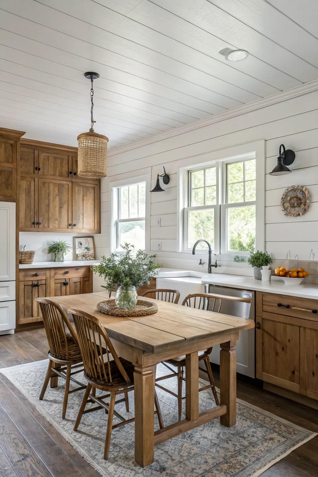 A farmhouse cooking area featuring a white shiplap backsplash for a countryside feel.
