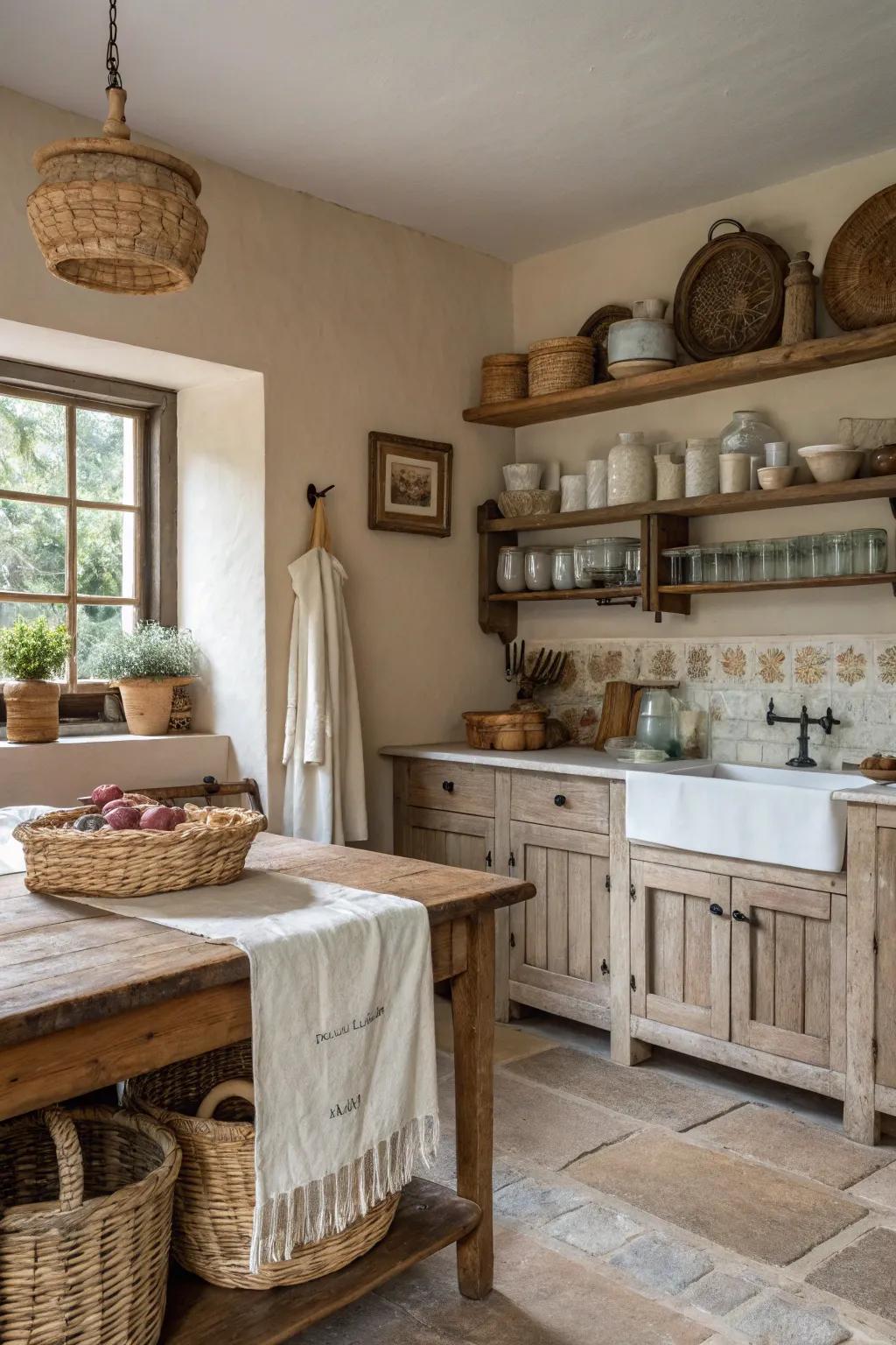 Gentle textiles enhancing the warmth of a farmhouse kitchen.