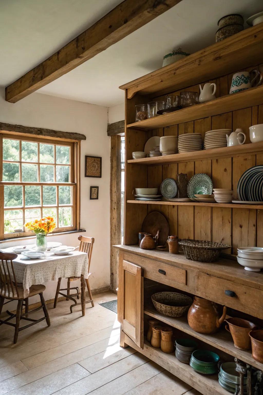 A farmhouse kitchen with open wood shelves that display dinnerware.