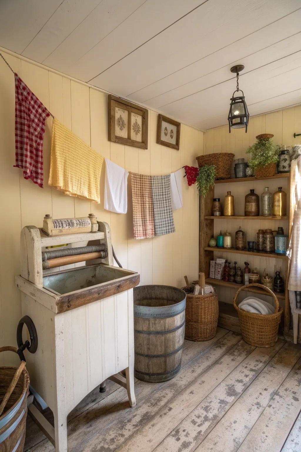 Classic signs add character and appeal to this comfortable laundry space.