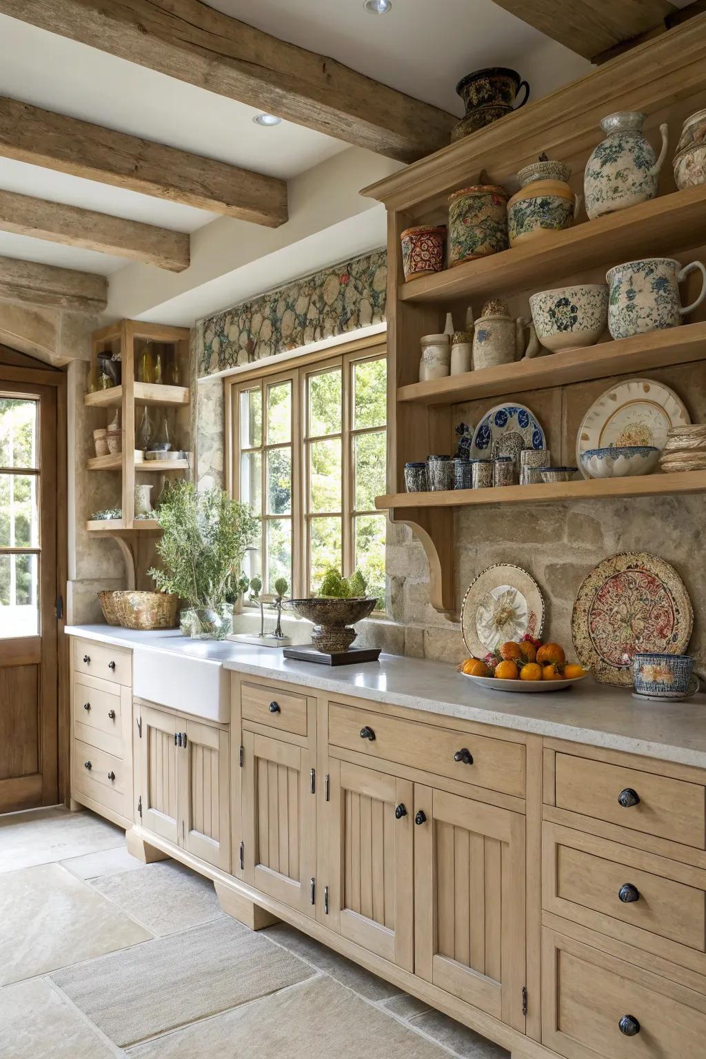Exposed shelving coordinated with pale timber cabinetry establishes a spacious impression.