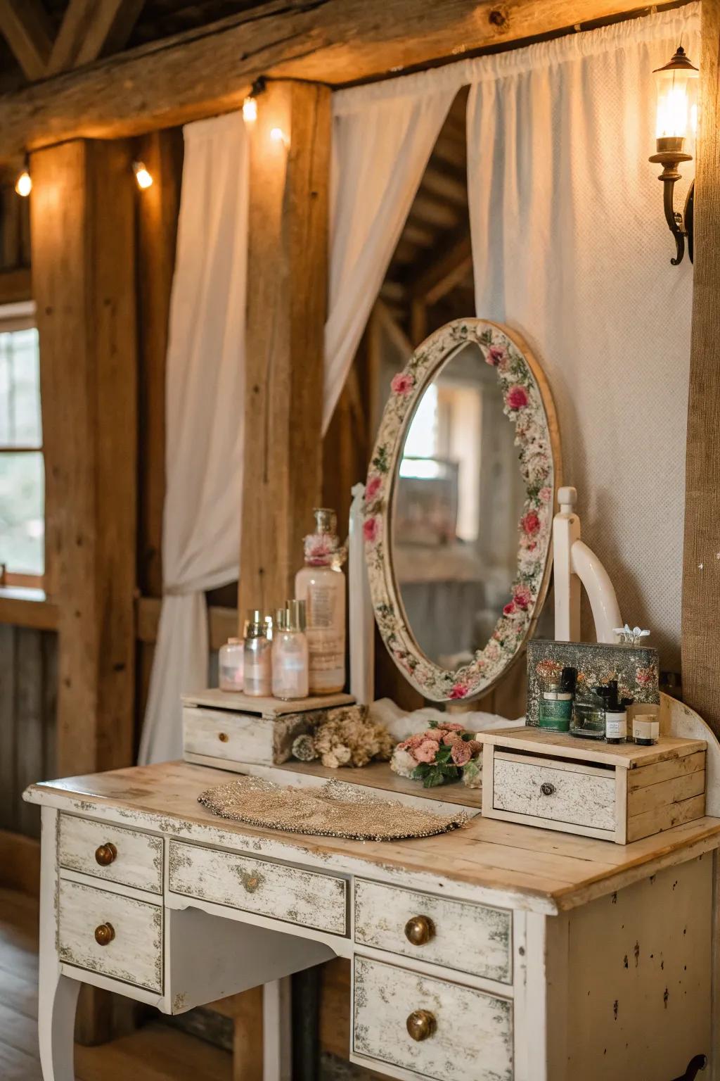 Weathered finishes provide a classic, vintage ambiance.