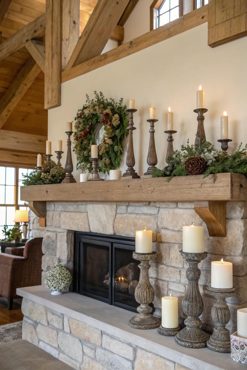 A balanced yet active layout using unmatched candle stands.