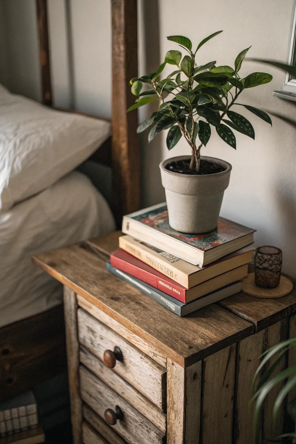 Vegetation introduces freshness to the bedside table decoration.