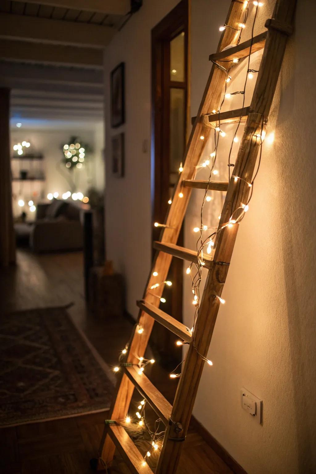 Enchanting lighting effects with string lights on a ladder