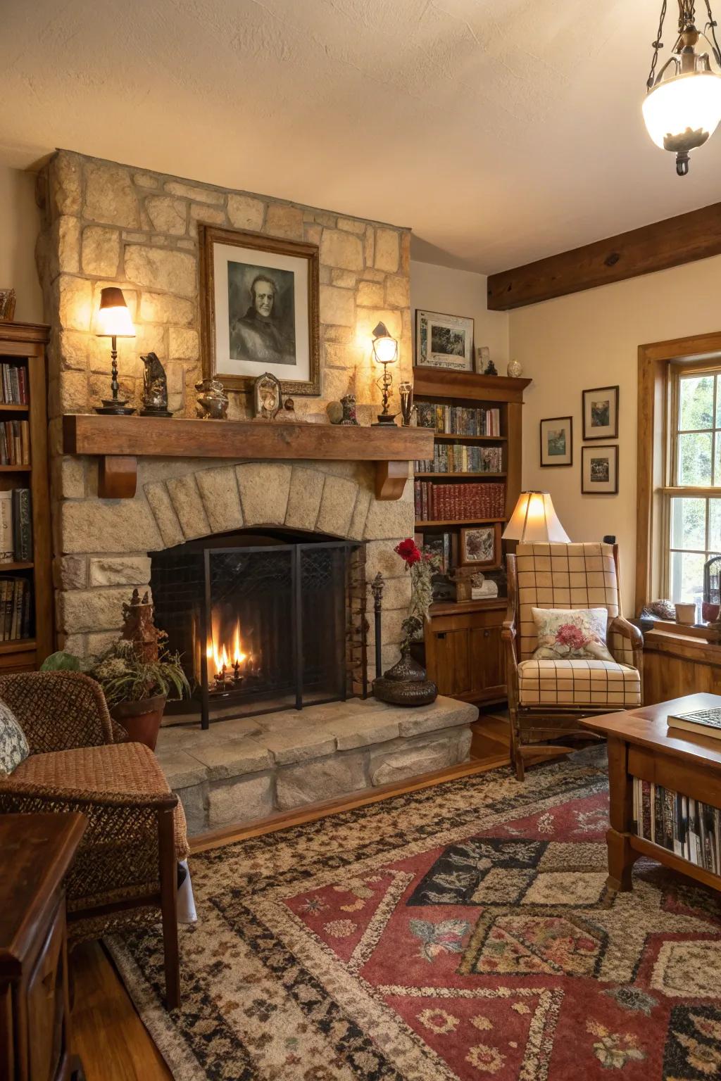 A warm fireplace is the heart of a farmhouse.
