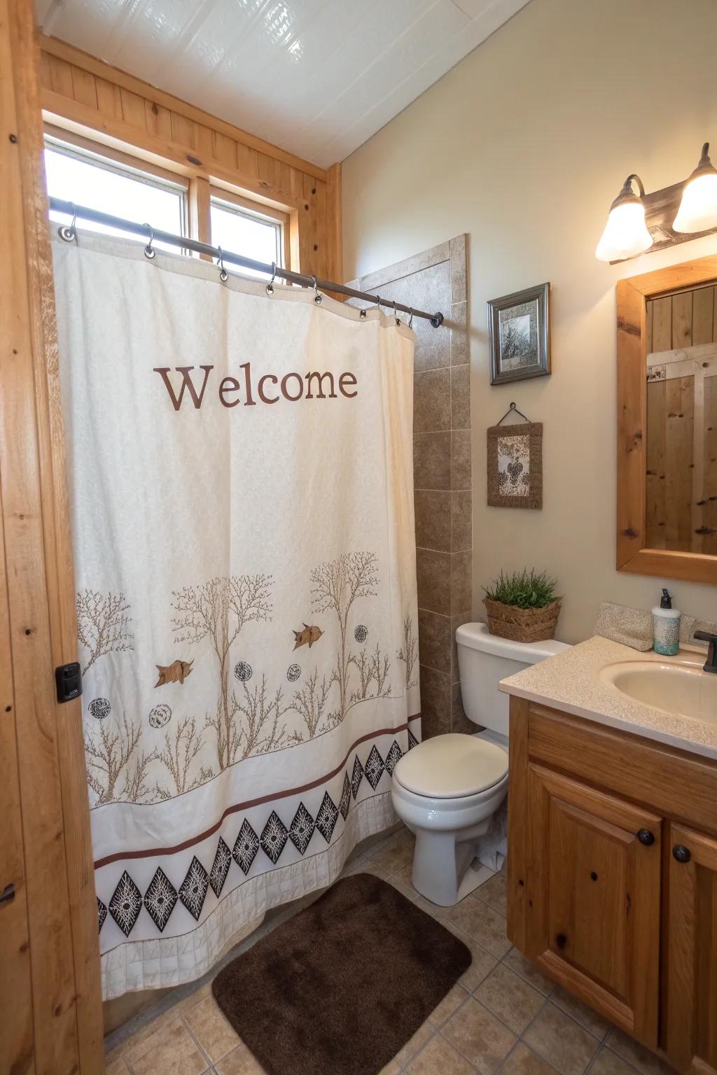 A bathroom featuring a shower drape with heartfelt and inviting messages.