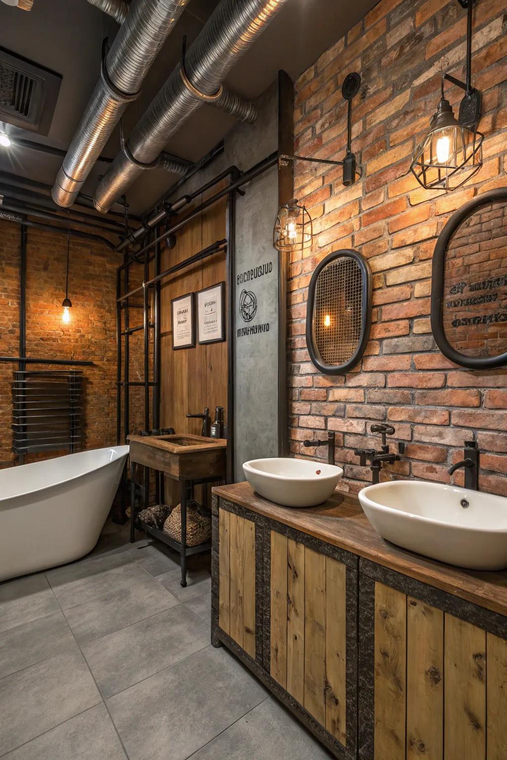 Industrial-style fixtures add a hint of rustic charm to this bathroom.