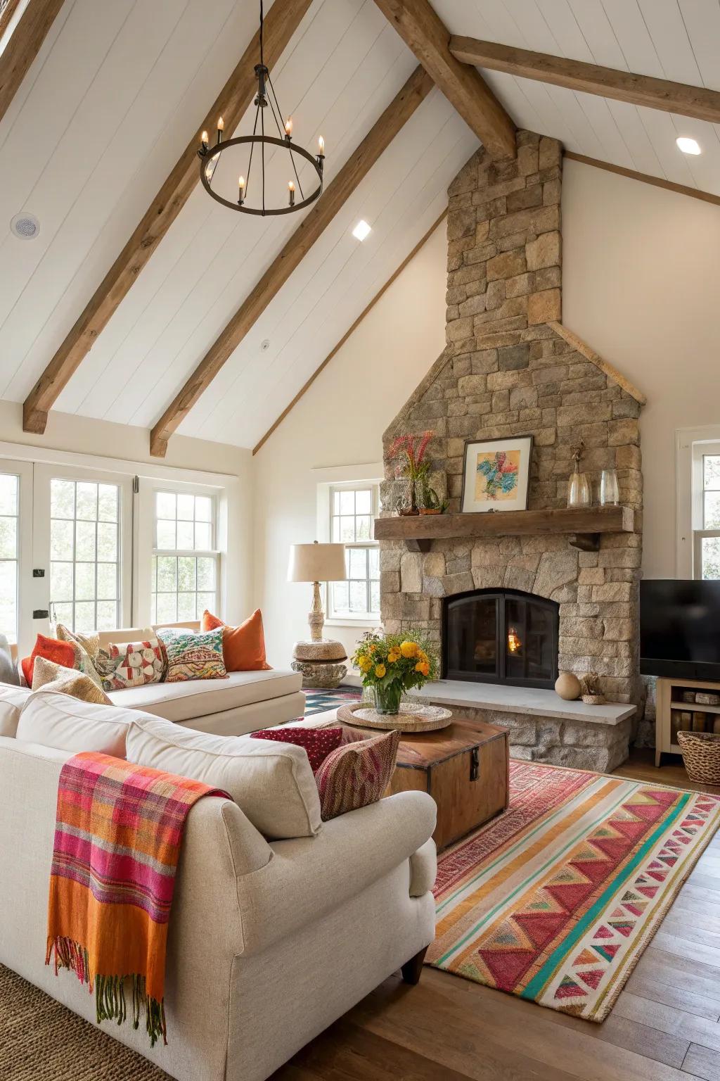 An earthy living space featuring colorful accents under a vaulted ceiling.