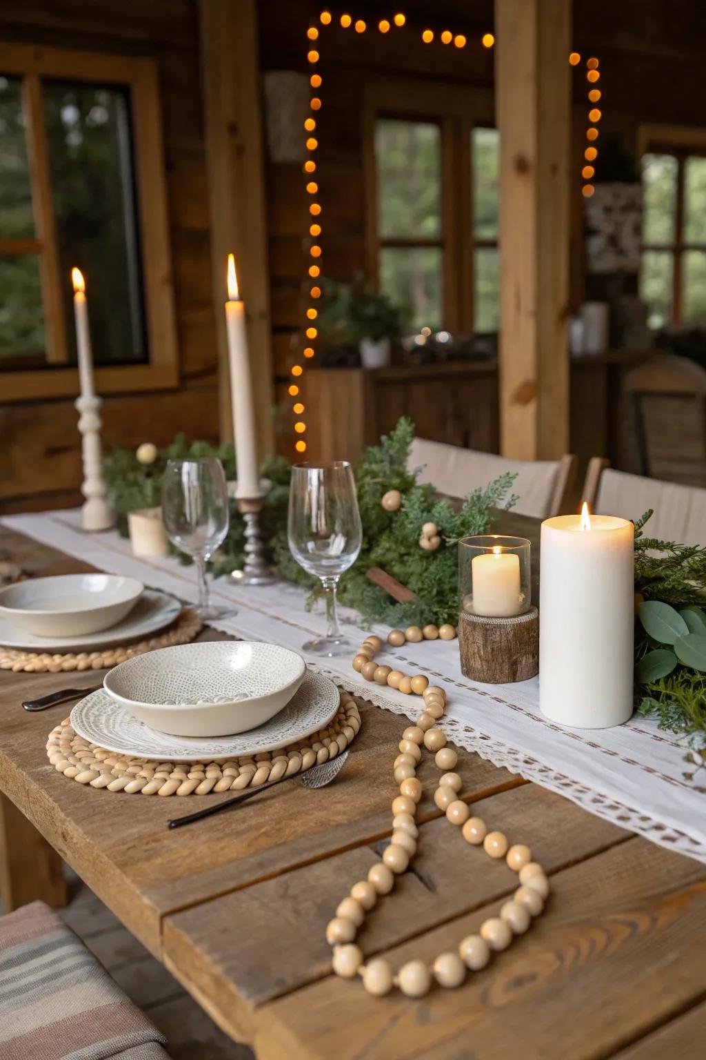 Timber-sphere strand as a central ornament on a countryside table display.