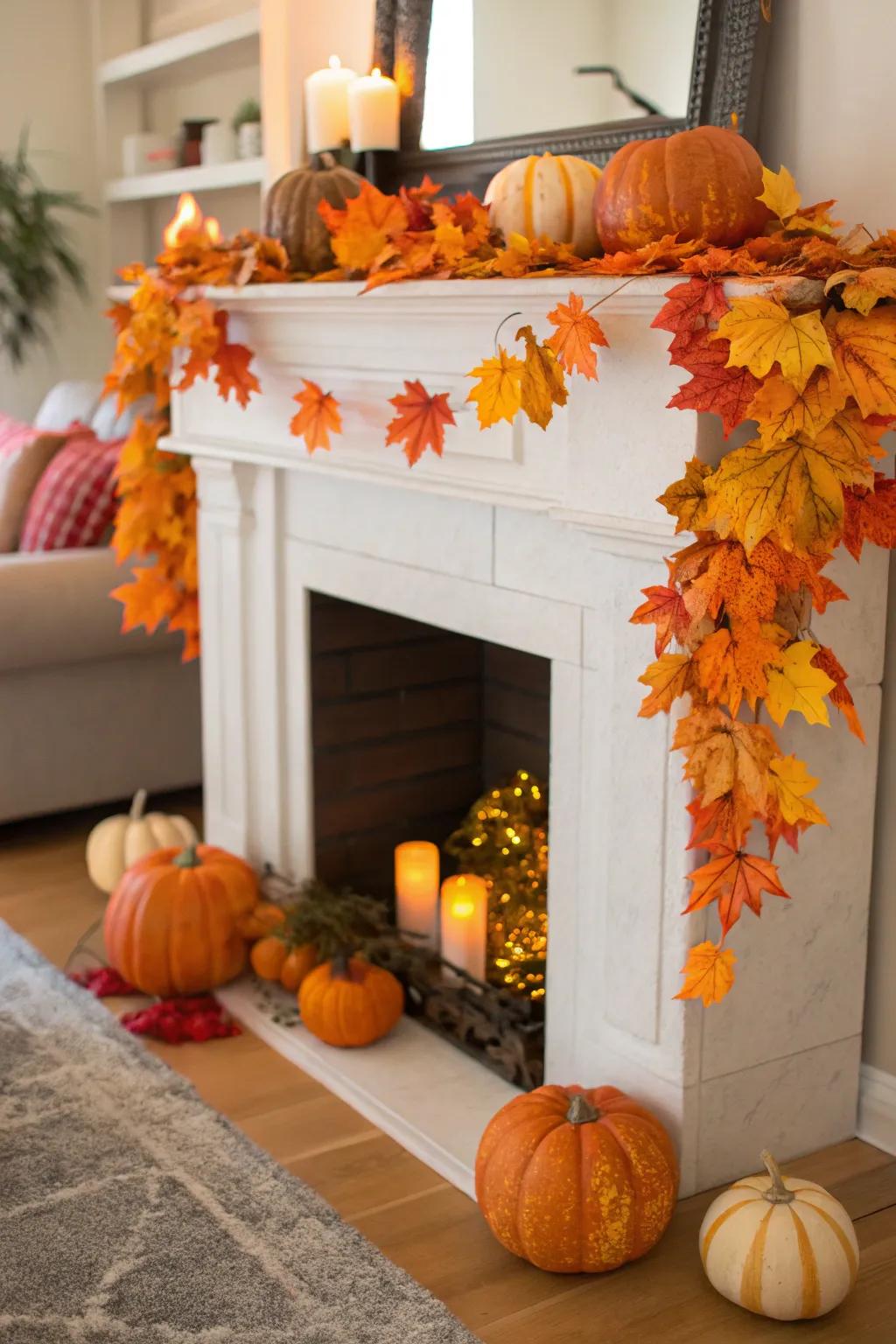 An artificial fireplace adorned in autumnal ornamentation for a seasonal flair.