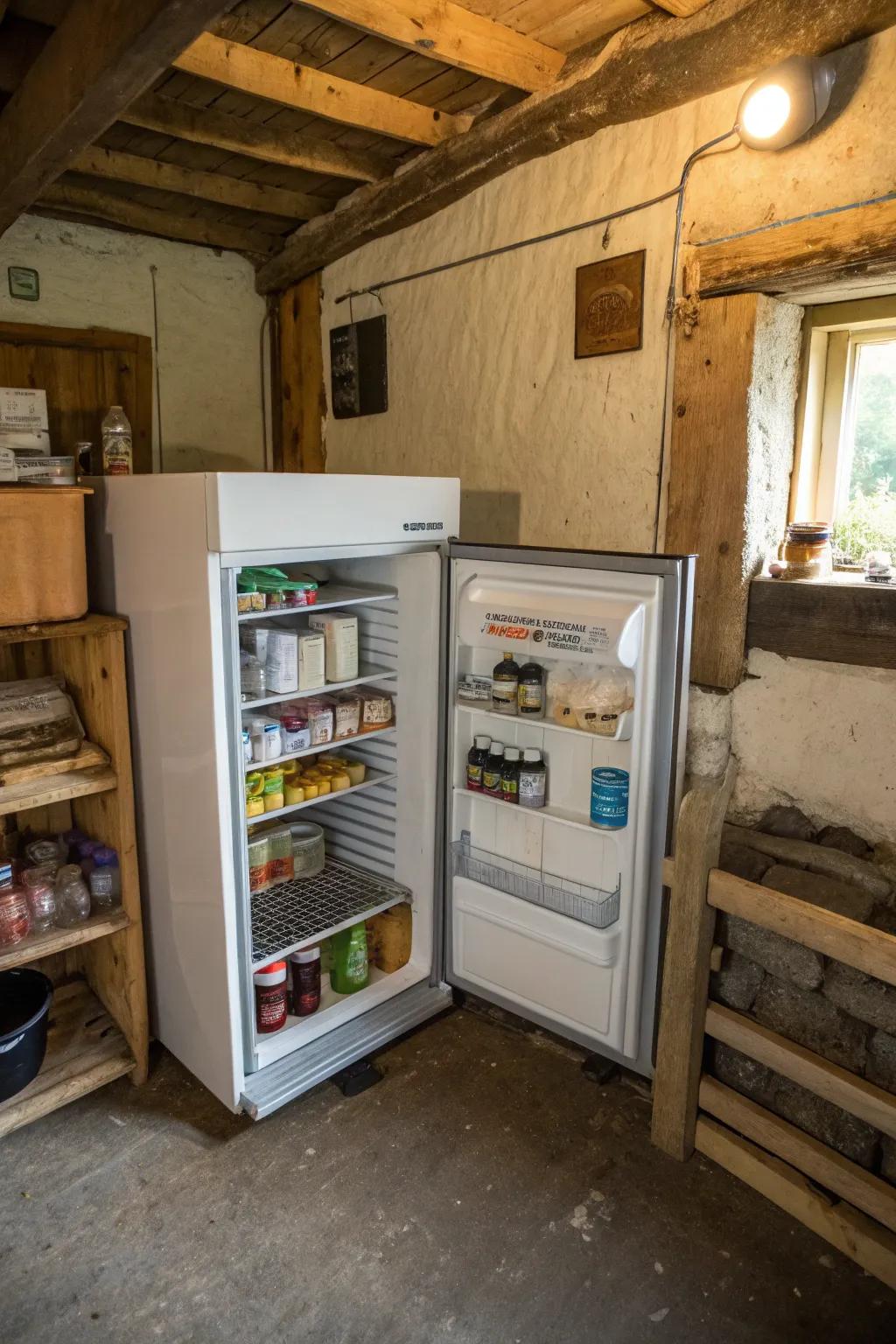 A compact refrigerator ensures that perishables remain fresh and available.