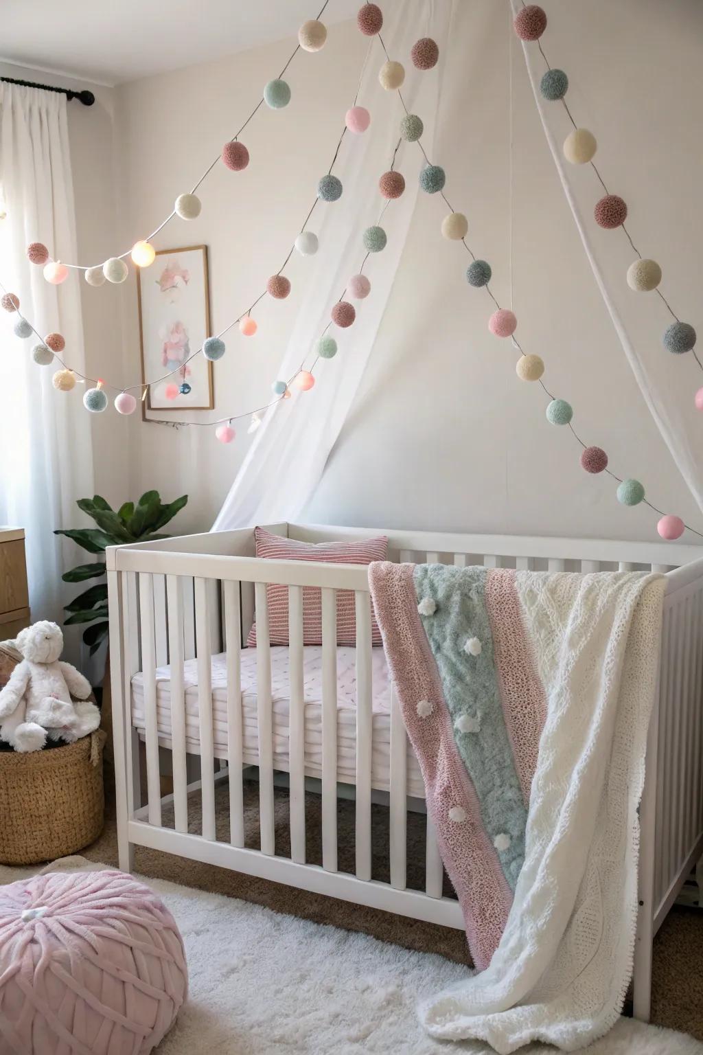 Pastel felt ball garlands foster a serene and pleasant atmosphere in nurseries.