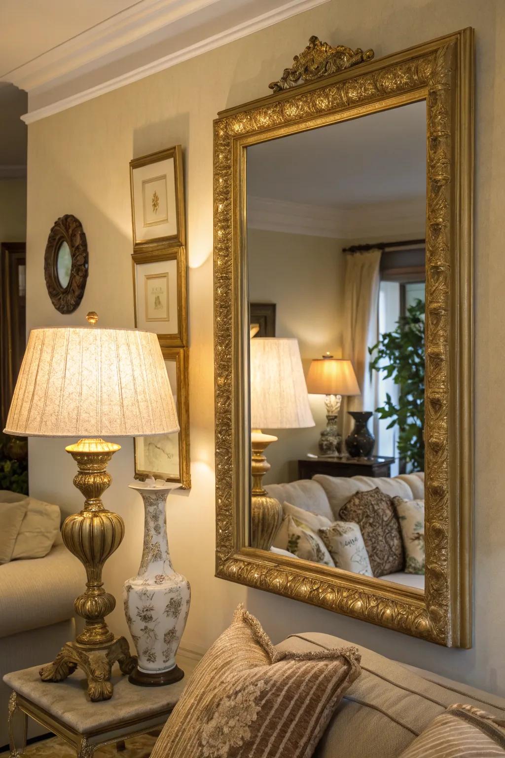 An elegant living space showcasing a reflective surface with a golden frame and corresponding lamps.
