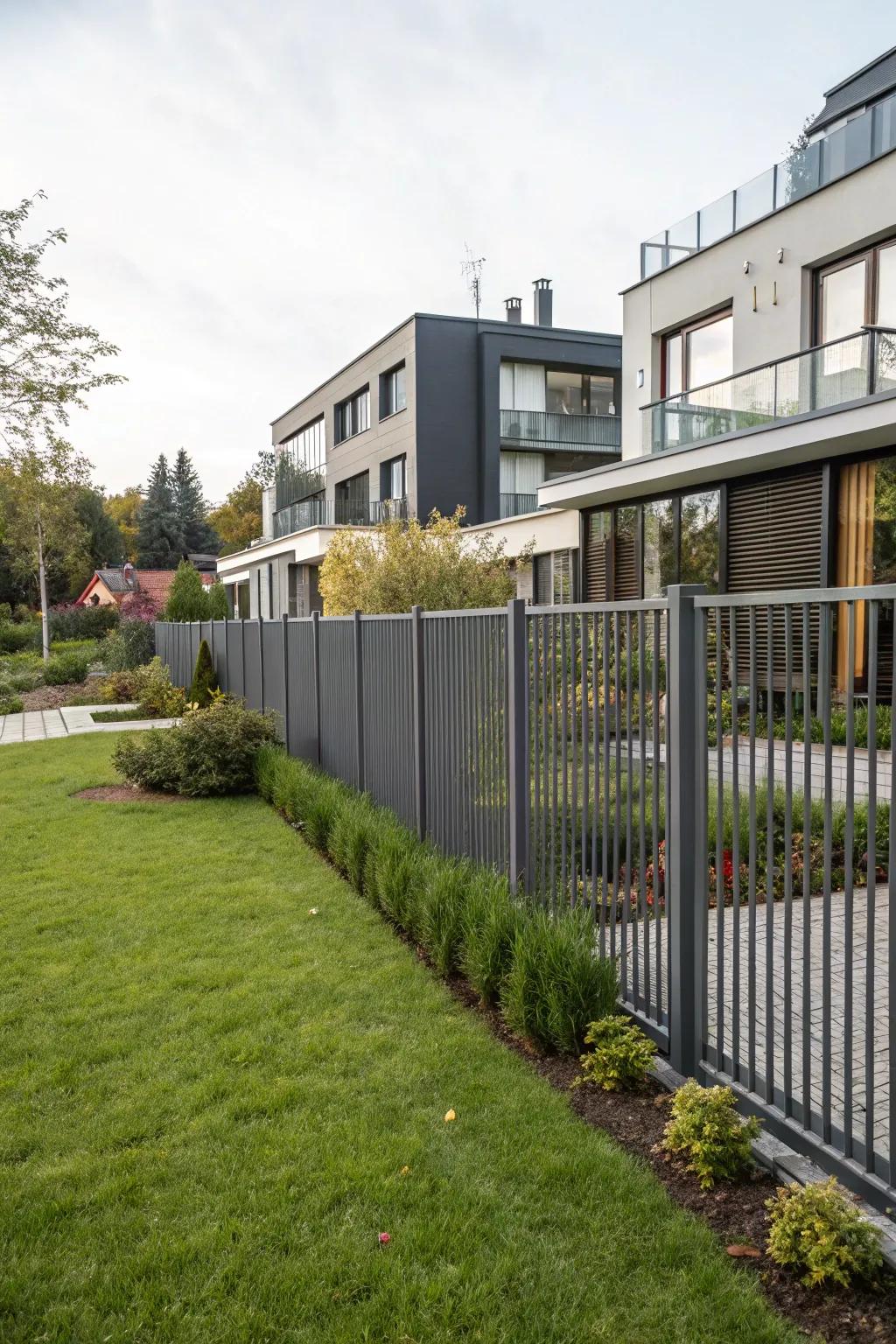 Metal panel fencing delivers a polished and industrial aesthetic.