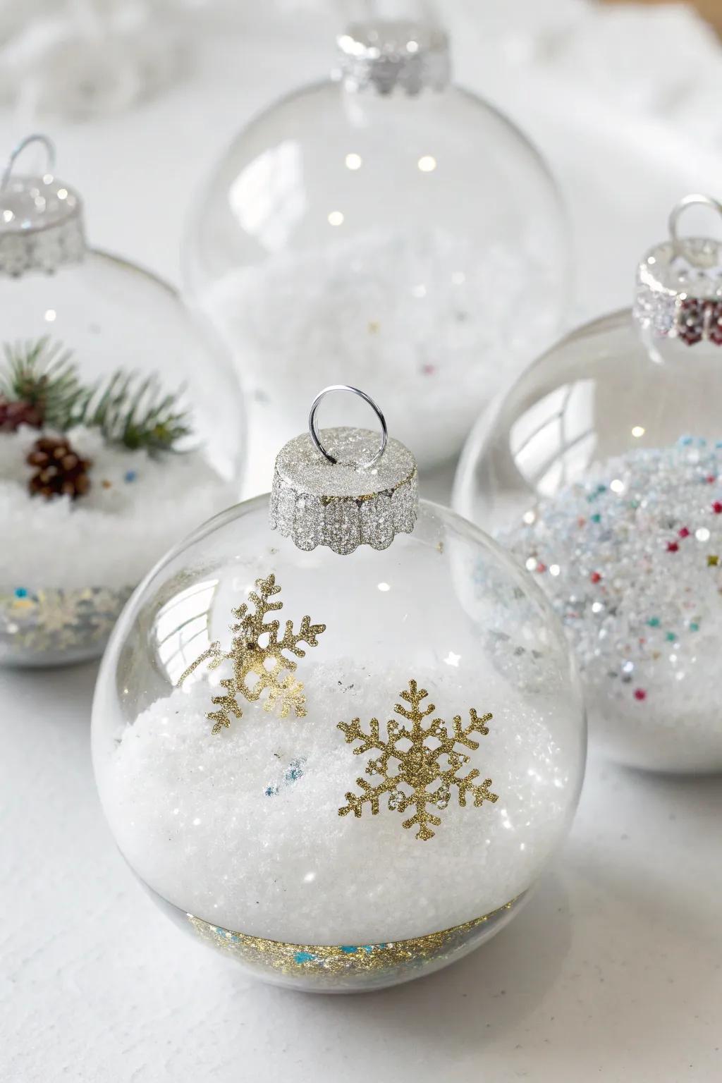 Snow scene ornaments filled with faux snowflakes and shimmer dust.