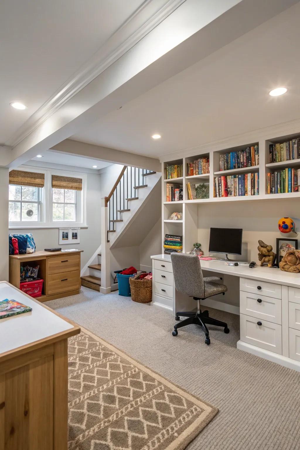 A flexible basement space accommodates both work and leisure.