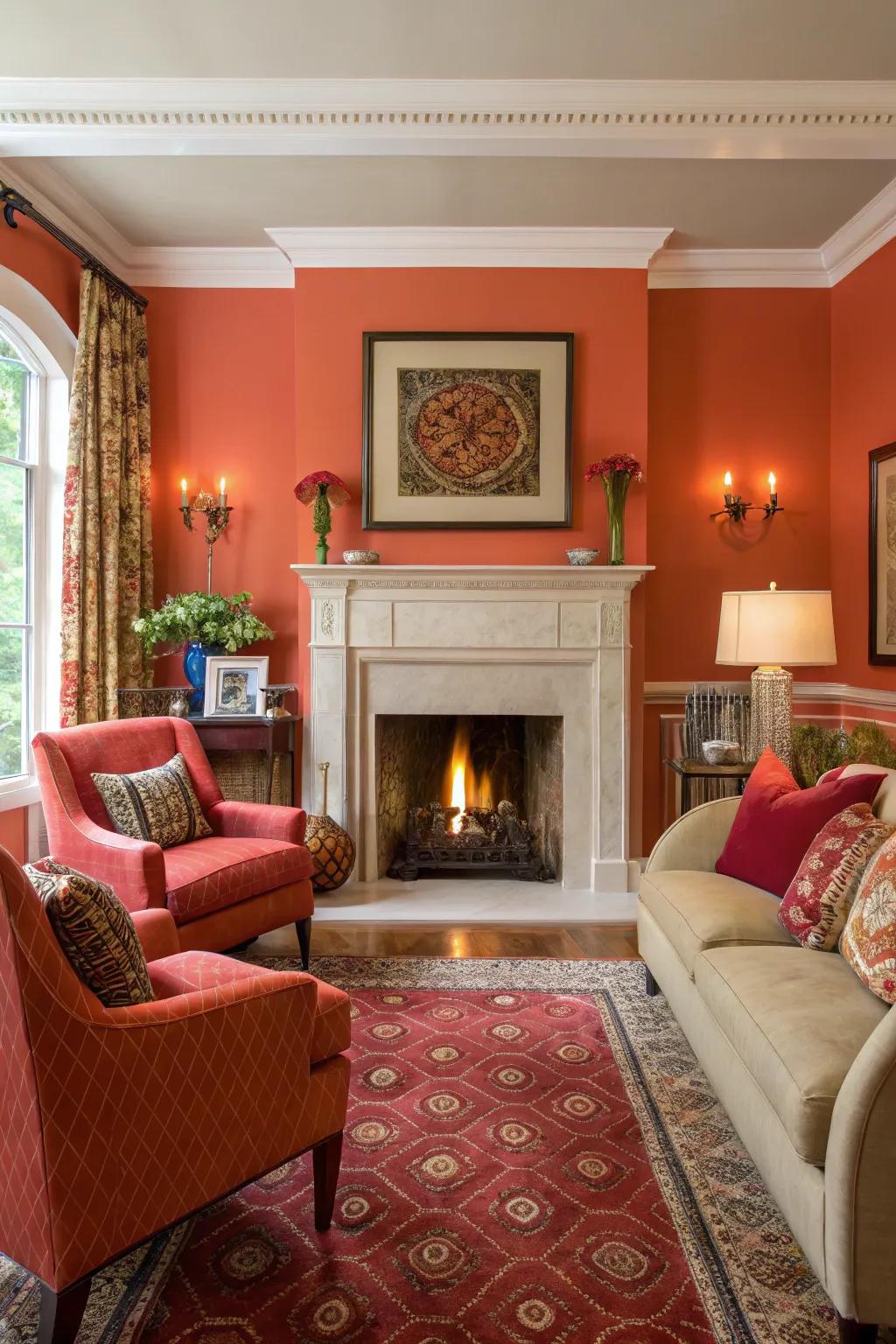 A vibrant living room with striking accent shades surrounding the fireplace nook.