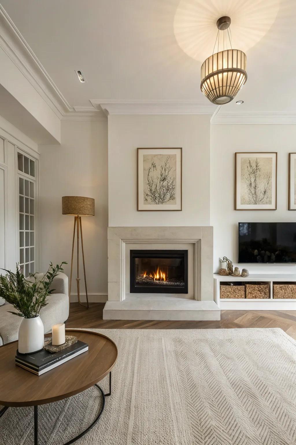 A minimalist strategy, emphasizing the fireplace’s sophistication.