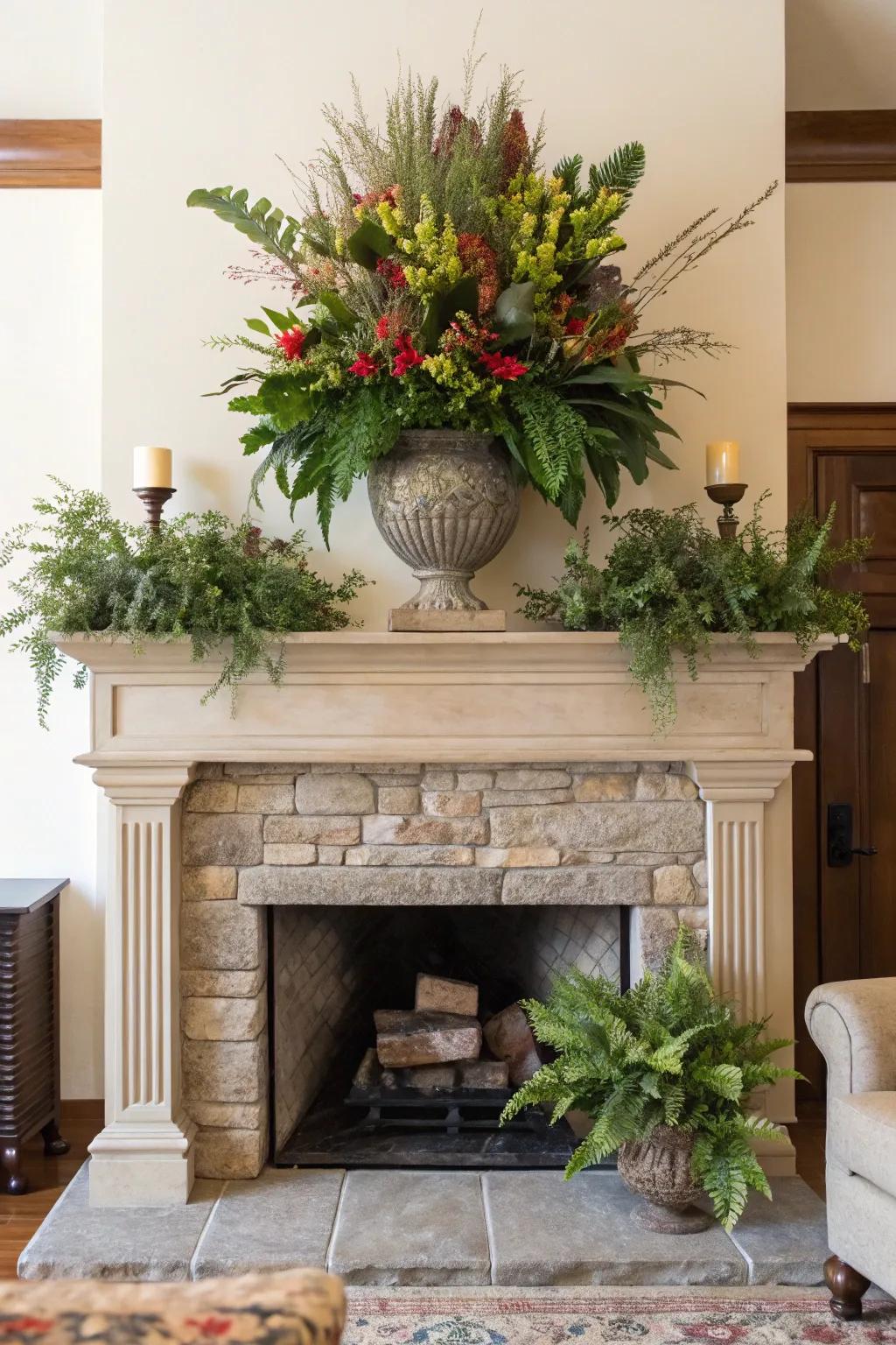 Vibrant greenery enlivening the fireplace mantel