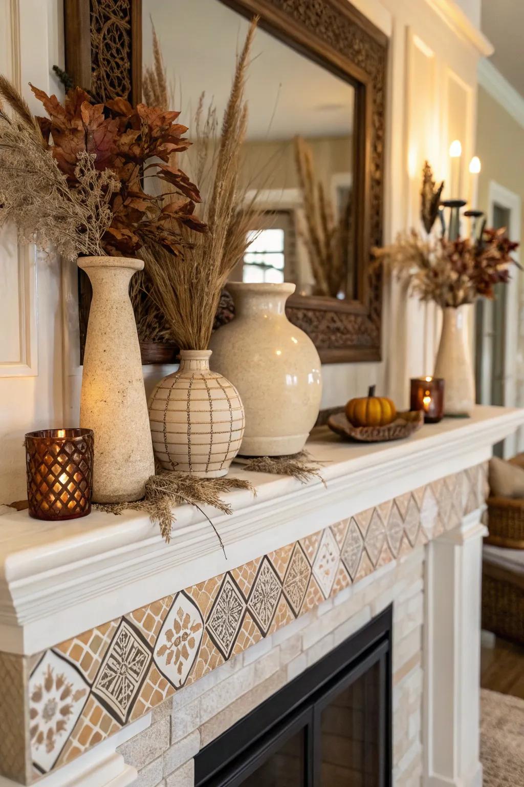 A mantel featuring a soothing palette that radiates warmth and comfort.