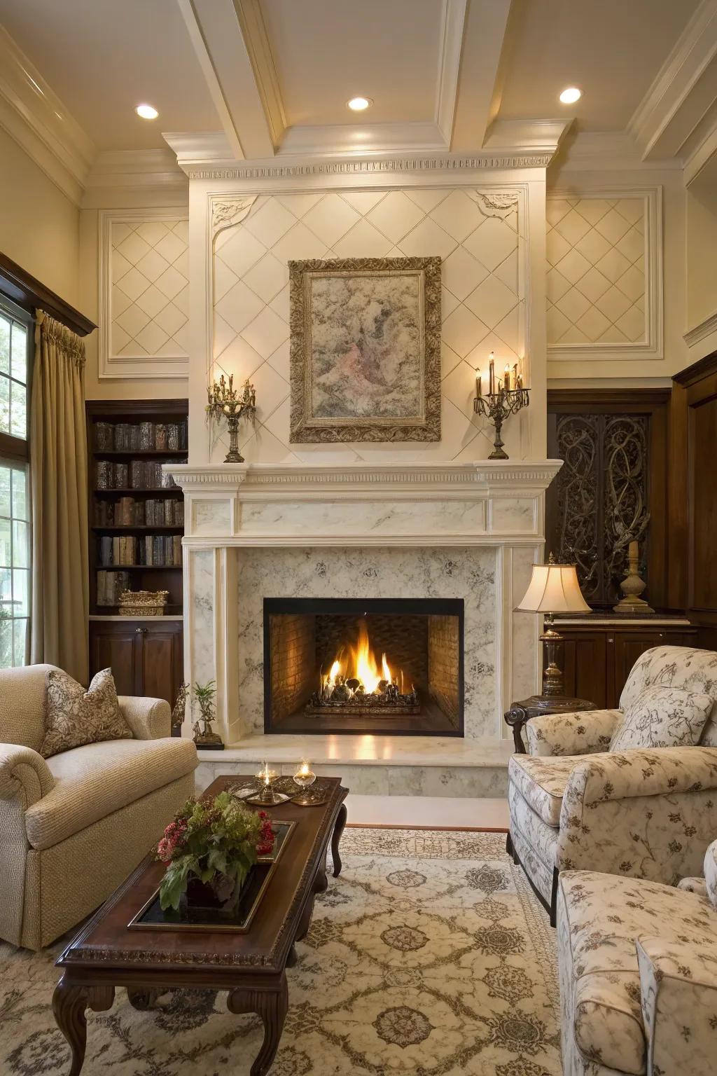 Classic elegance is achieved through alabaster cladding and a traditional mantel.