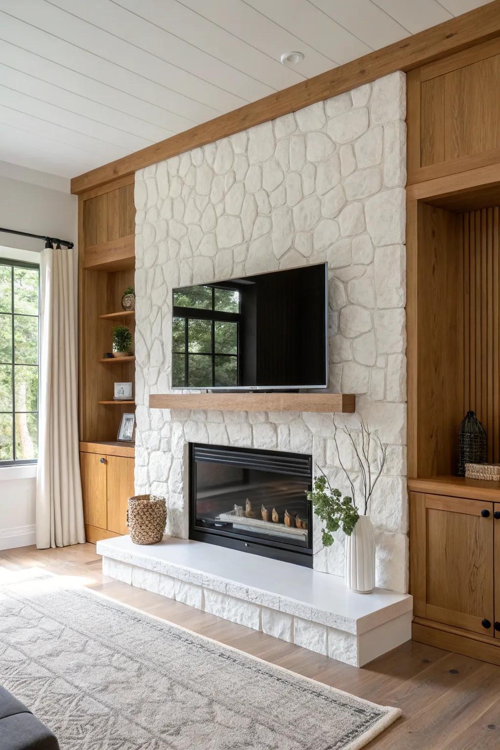 Experiment with a range of finishes to realize a visually captivating fireplace TV wall. #TexturePlay #DesignInspiration 🔥
