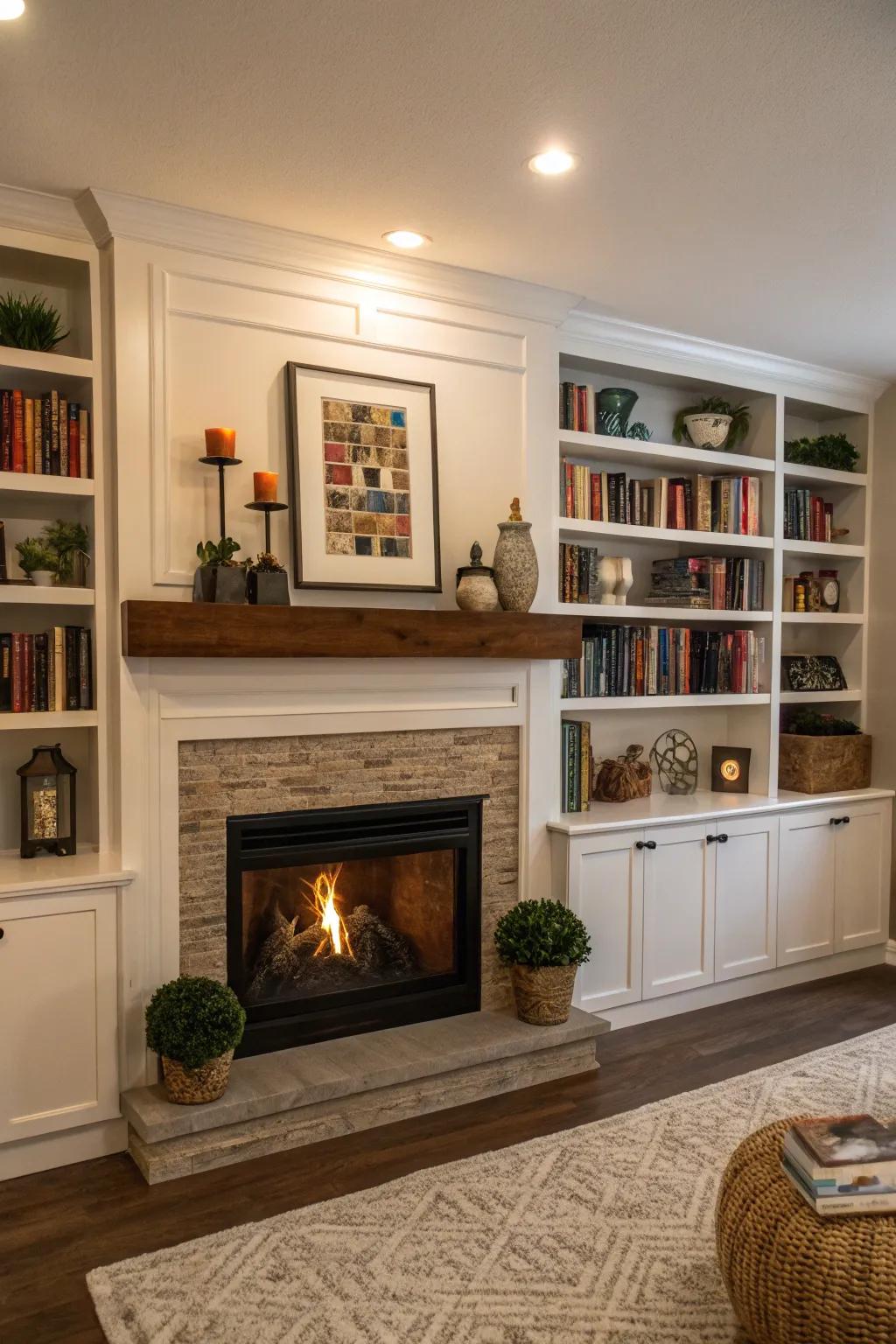 Incorporated shelving nearby the fireplace to provide further storage and design.