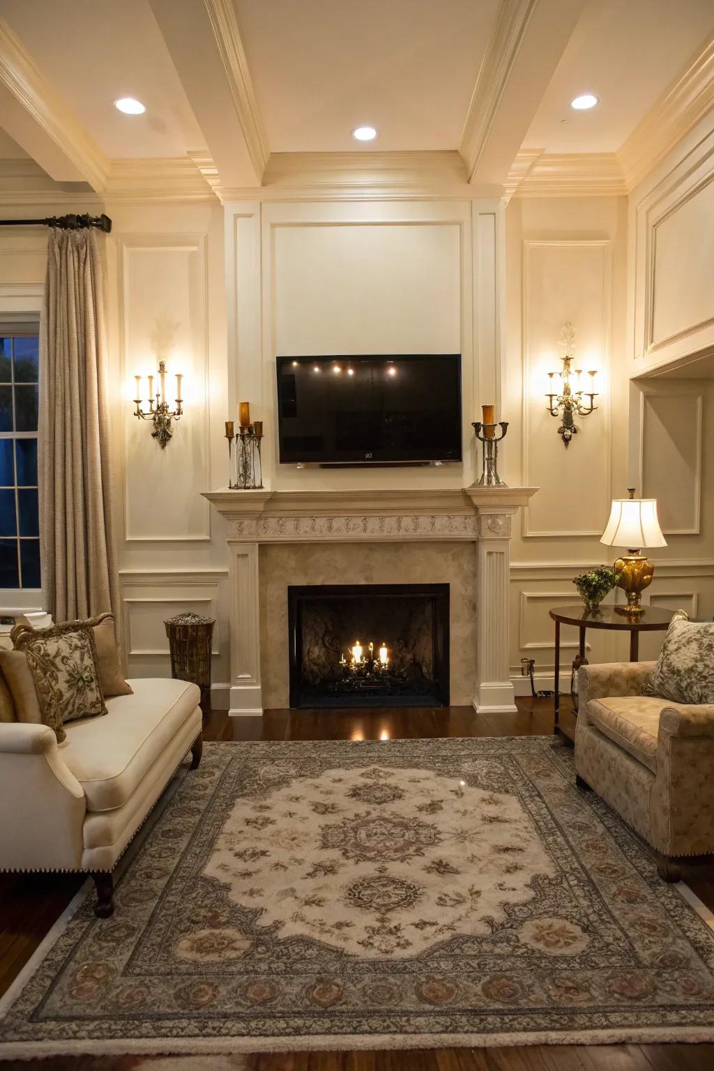 A symmetrically designed living room featuring a fireplace and TV setup.