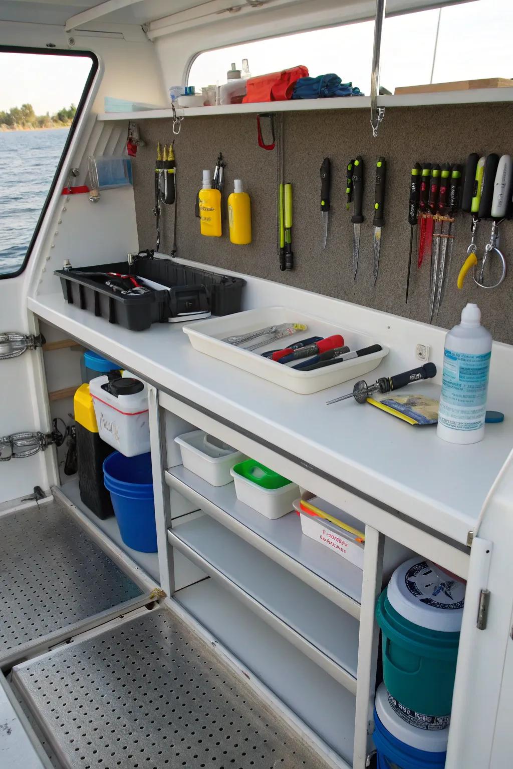 Integrated shelves for organized and accessible cleaning supplies.