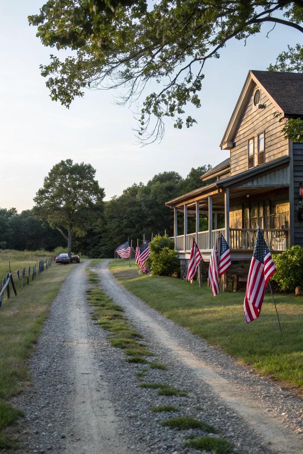 A rustic rear lot access road with a crushed stone surface leading to an attractive rural house.