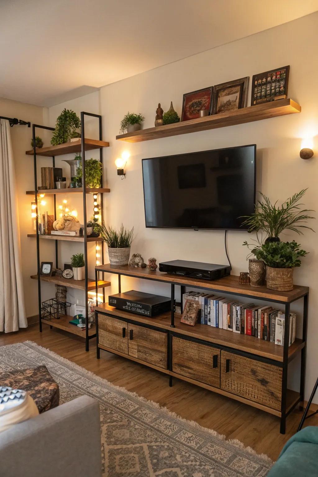 Amplify space through vertically arranged wall mounts surrounding your TV.
