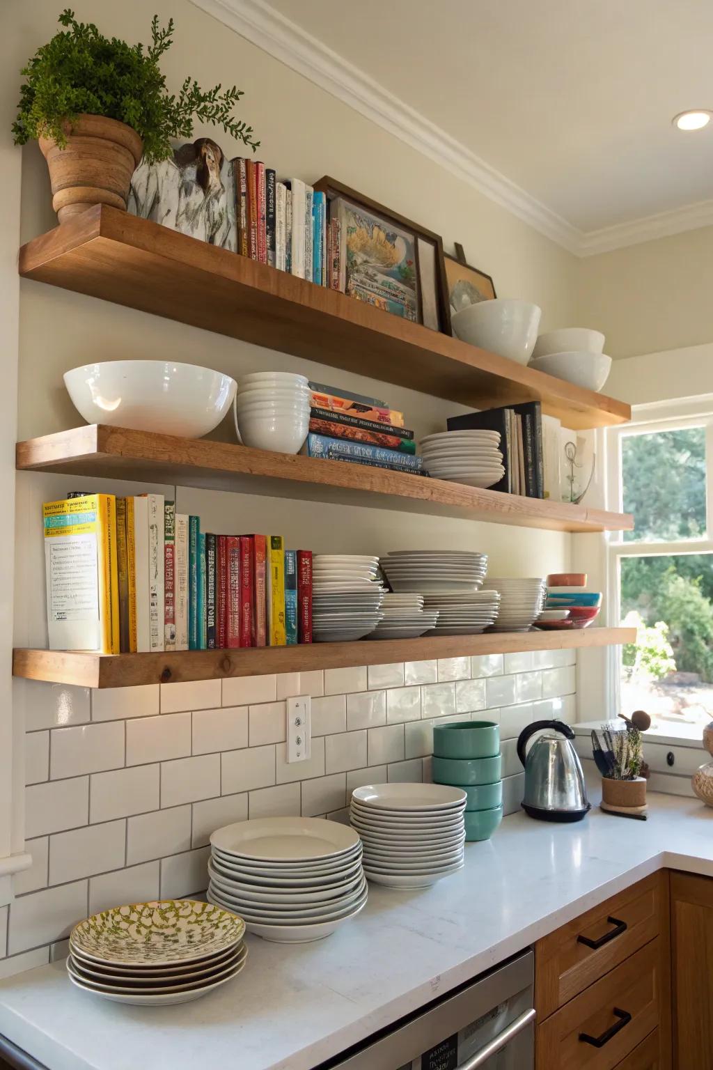 Decorative ledges in the kitchen contribute to a neat and elegant atmosphere.