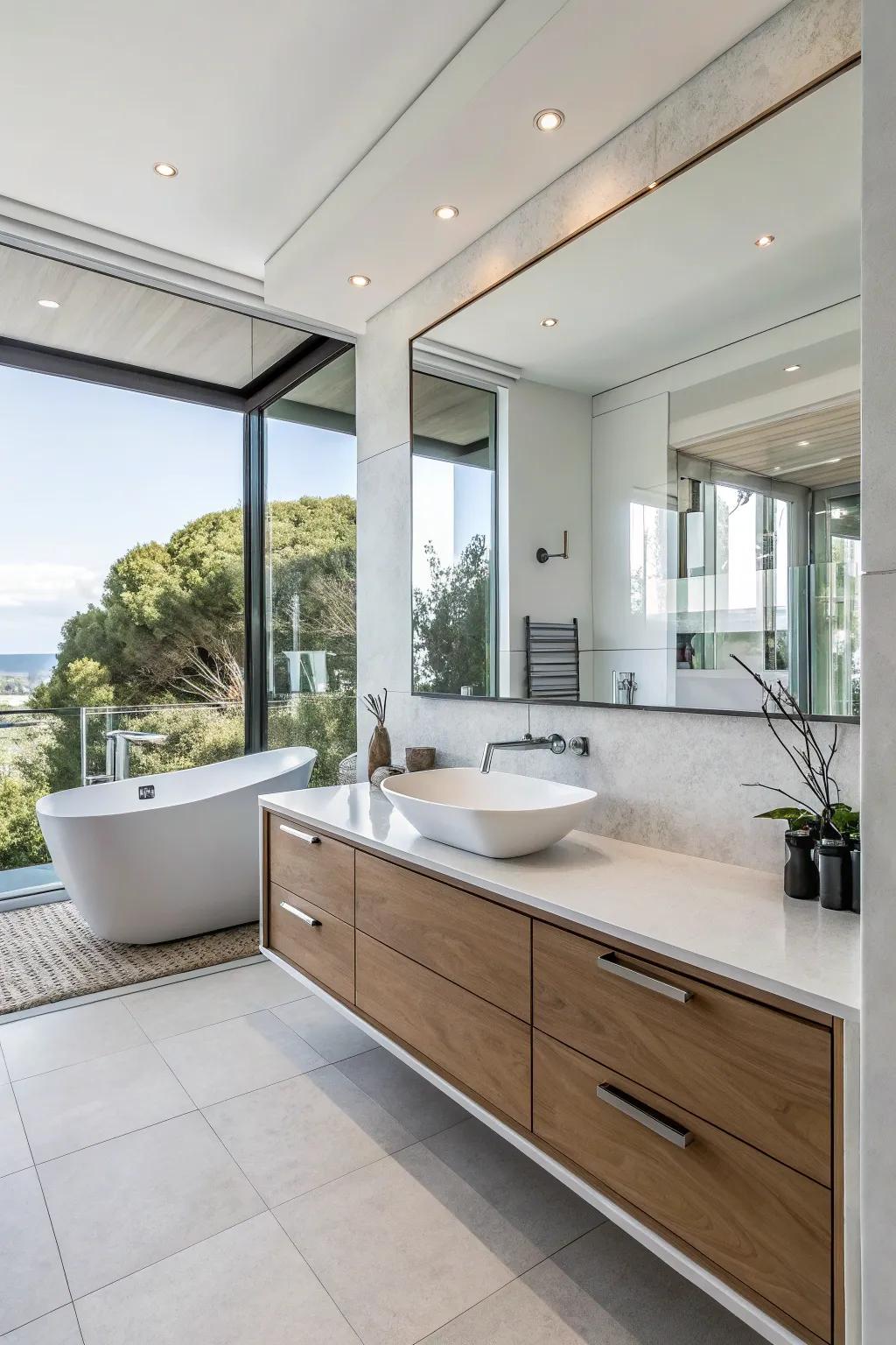 A bathroom presenting a floating vanity with current chrome hardware also a contemporary design.
