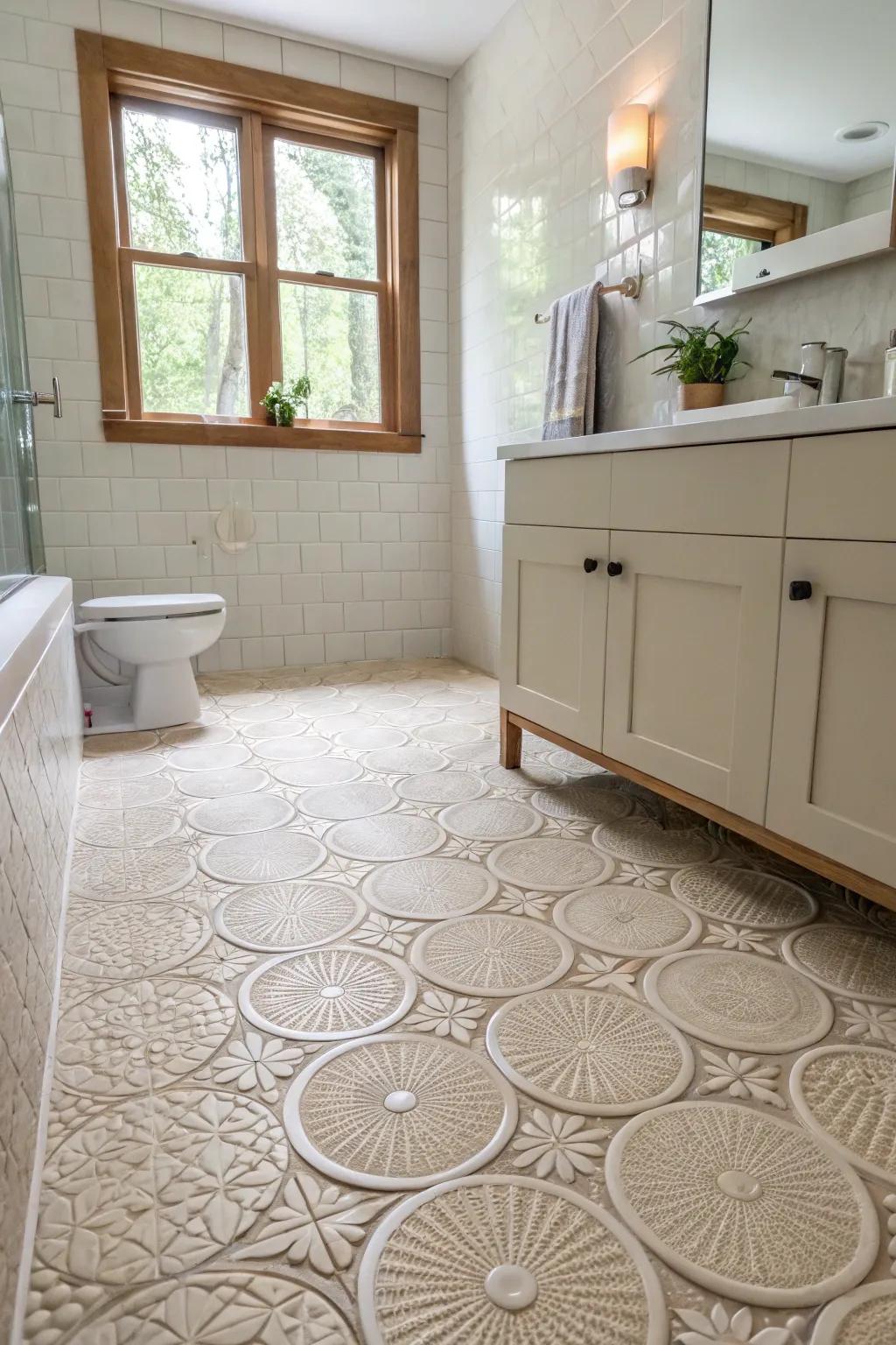 Textured pavers contribute safety and style to bathroom flooring.