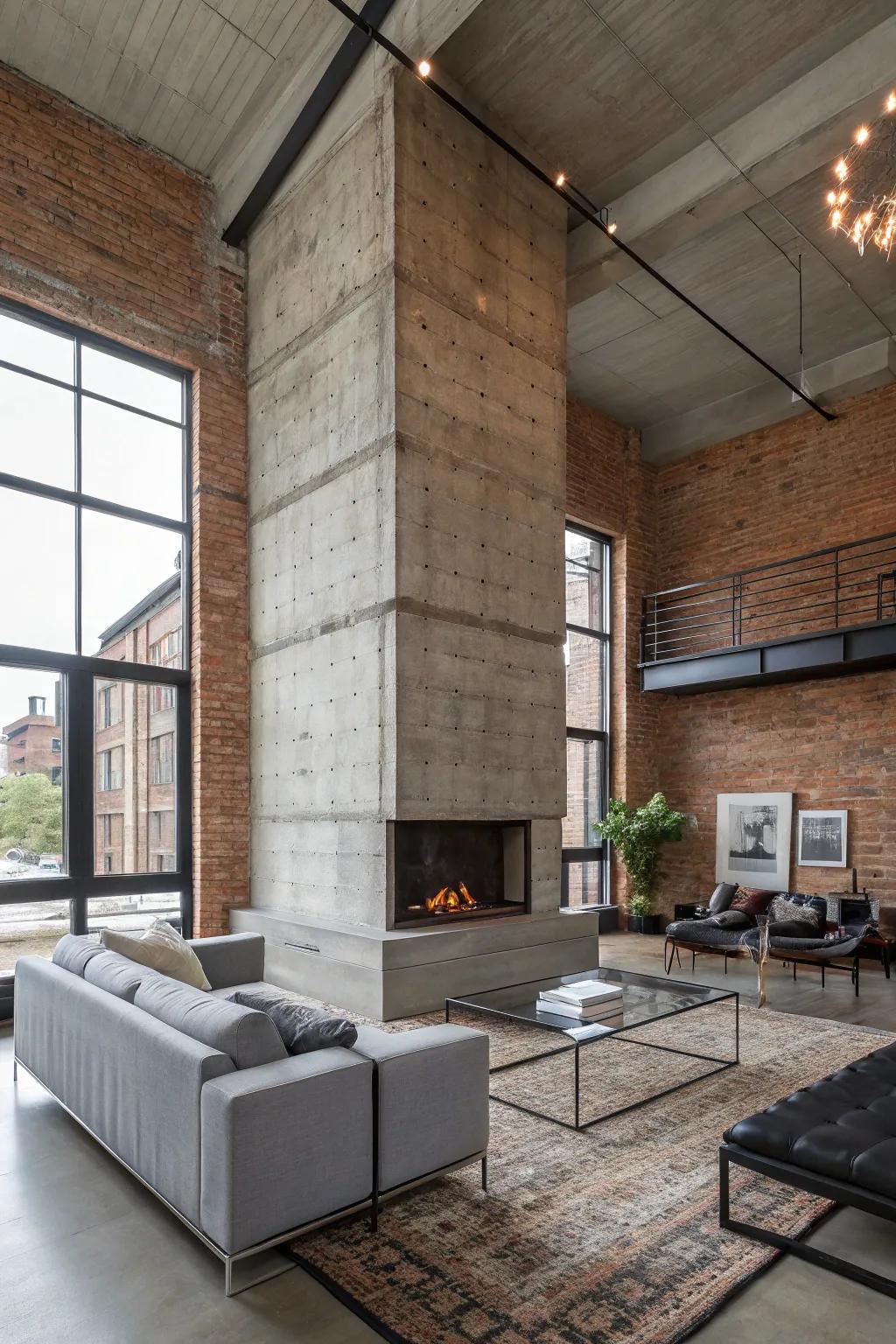 An industrial living room featuring a striking concrete floor-to-ceiling fireplace.