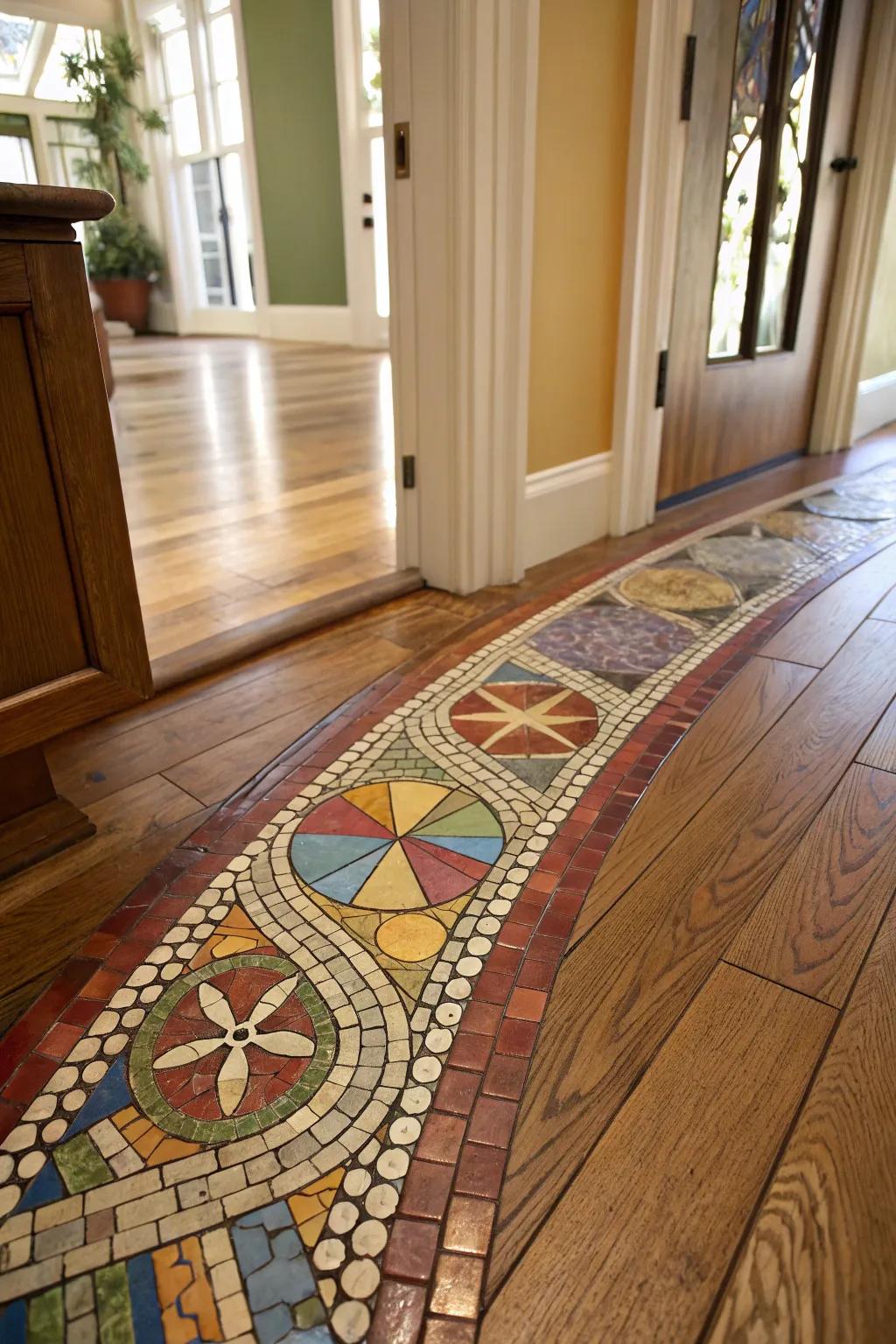 Mosaic transition adds artistic flair to the floor.