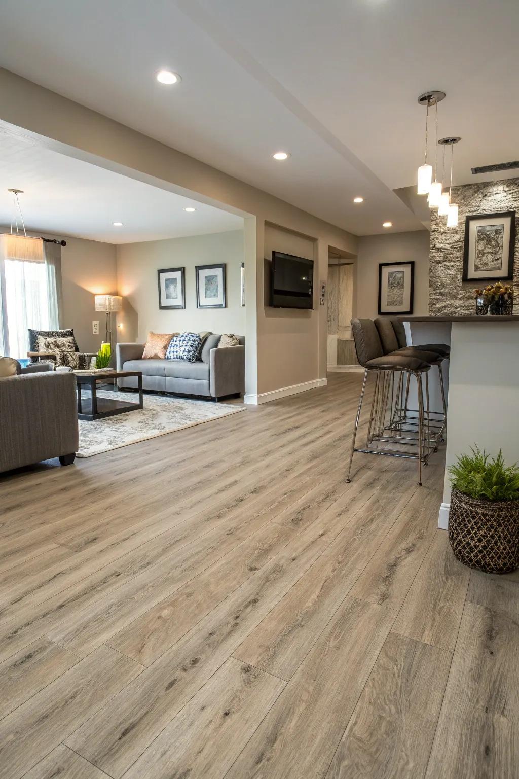 Light wood-style vinyl flooring wonderfully opens up your basement.