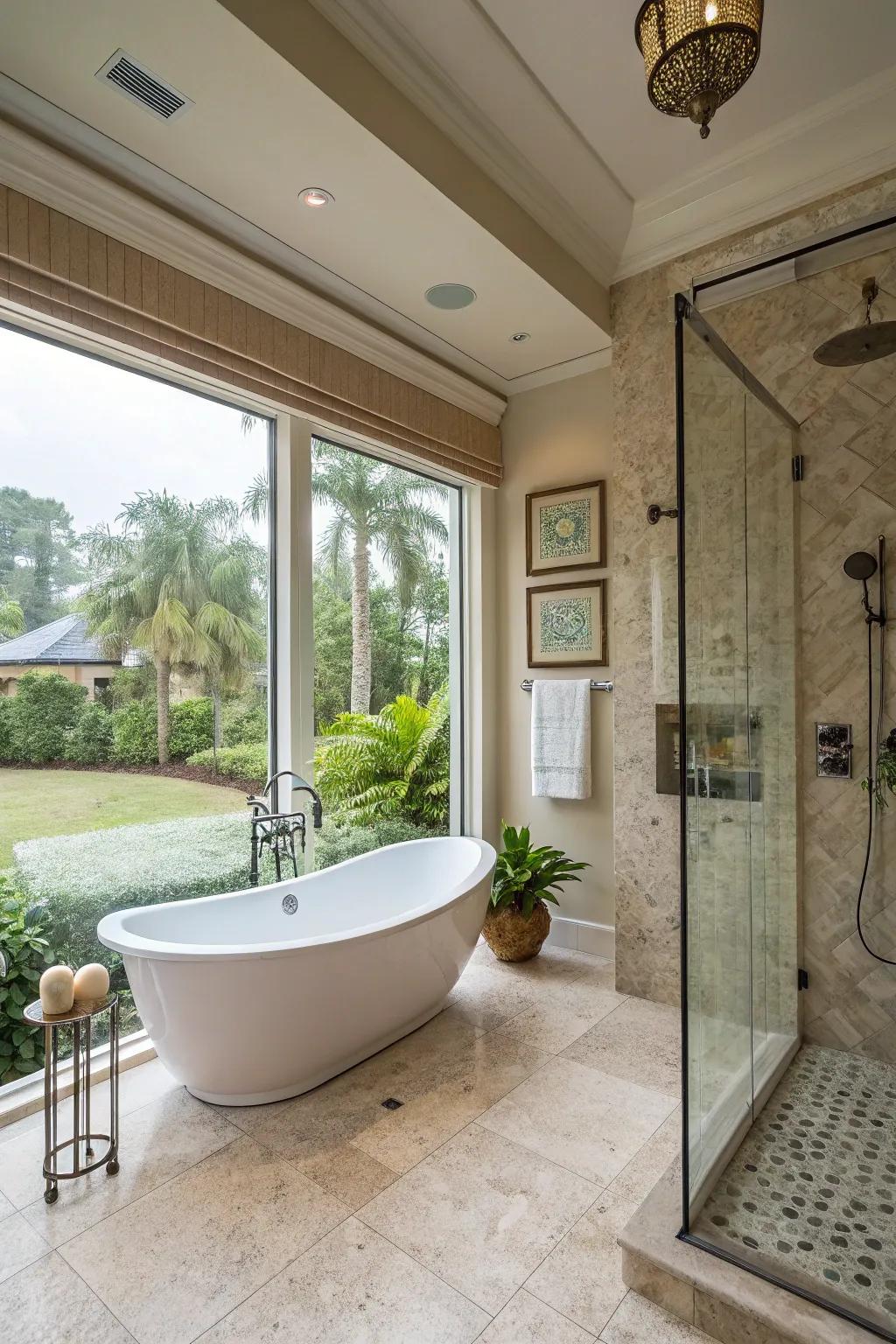 A tranquil spa ambiance complete with a standalone tub and waterfall shower.