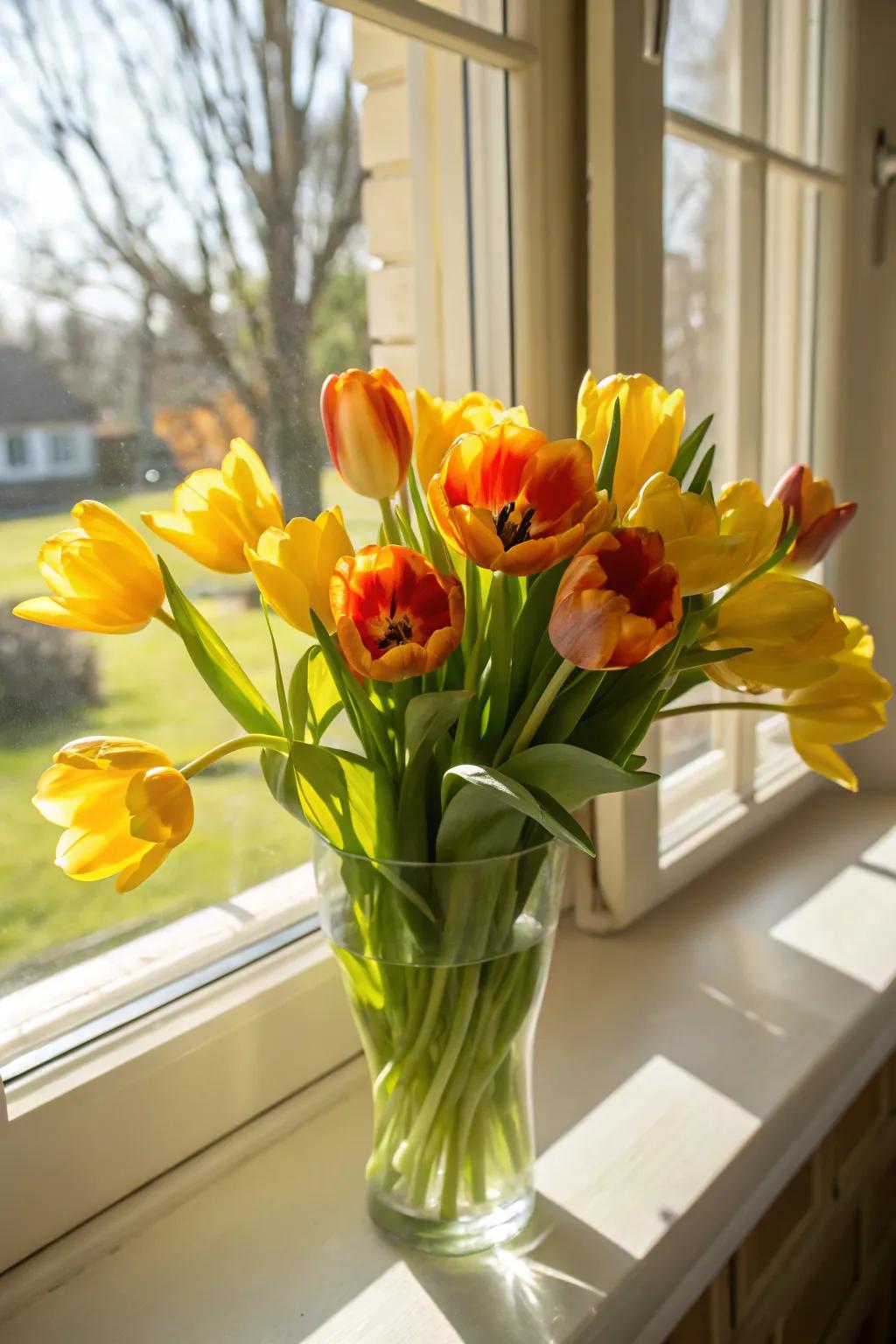 A cheerful tulip arrangement prepared to brighten up any day.