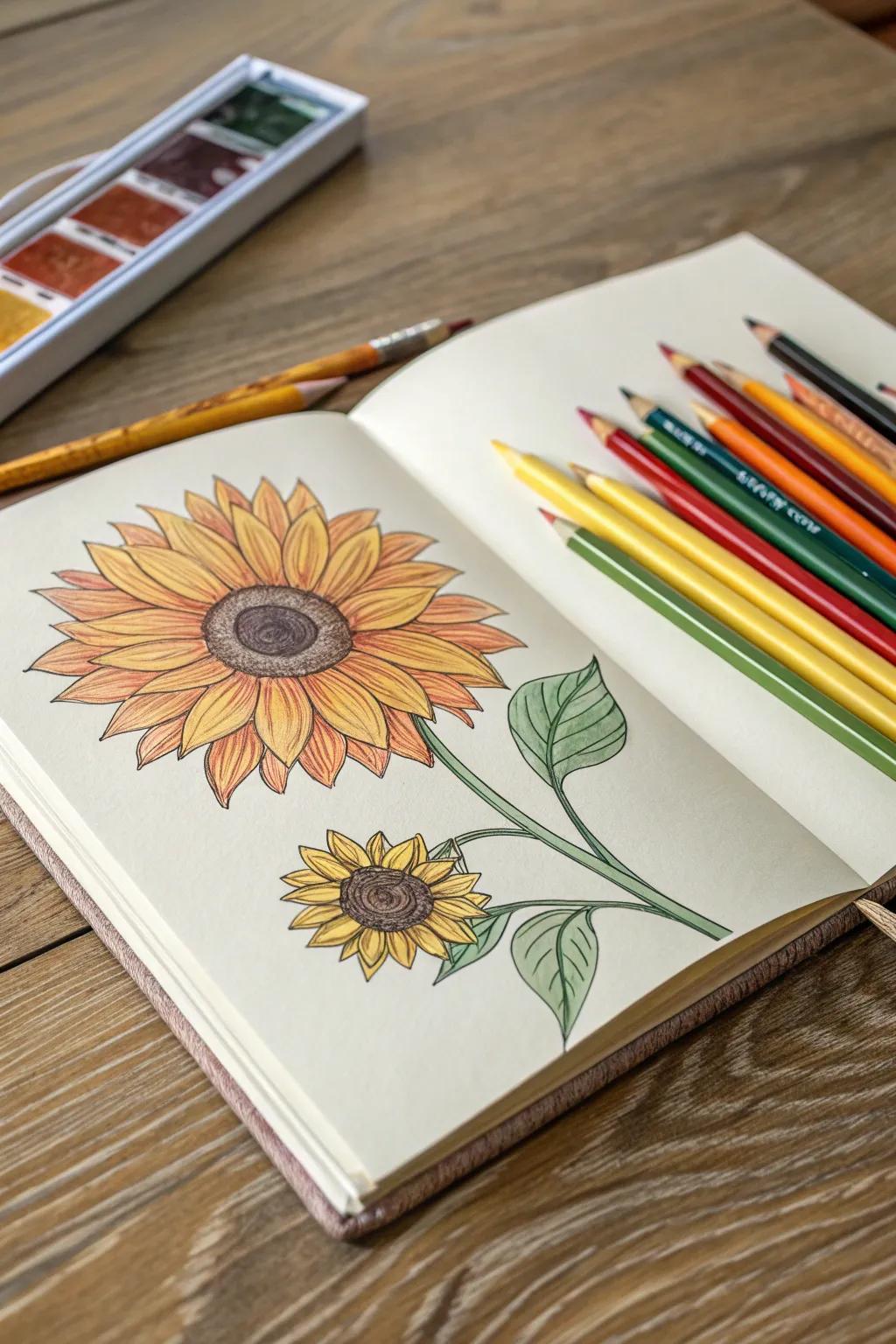 A sunflower sketch exuding warmth and delight.